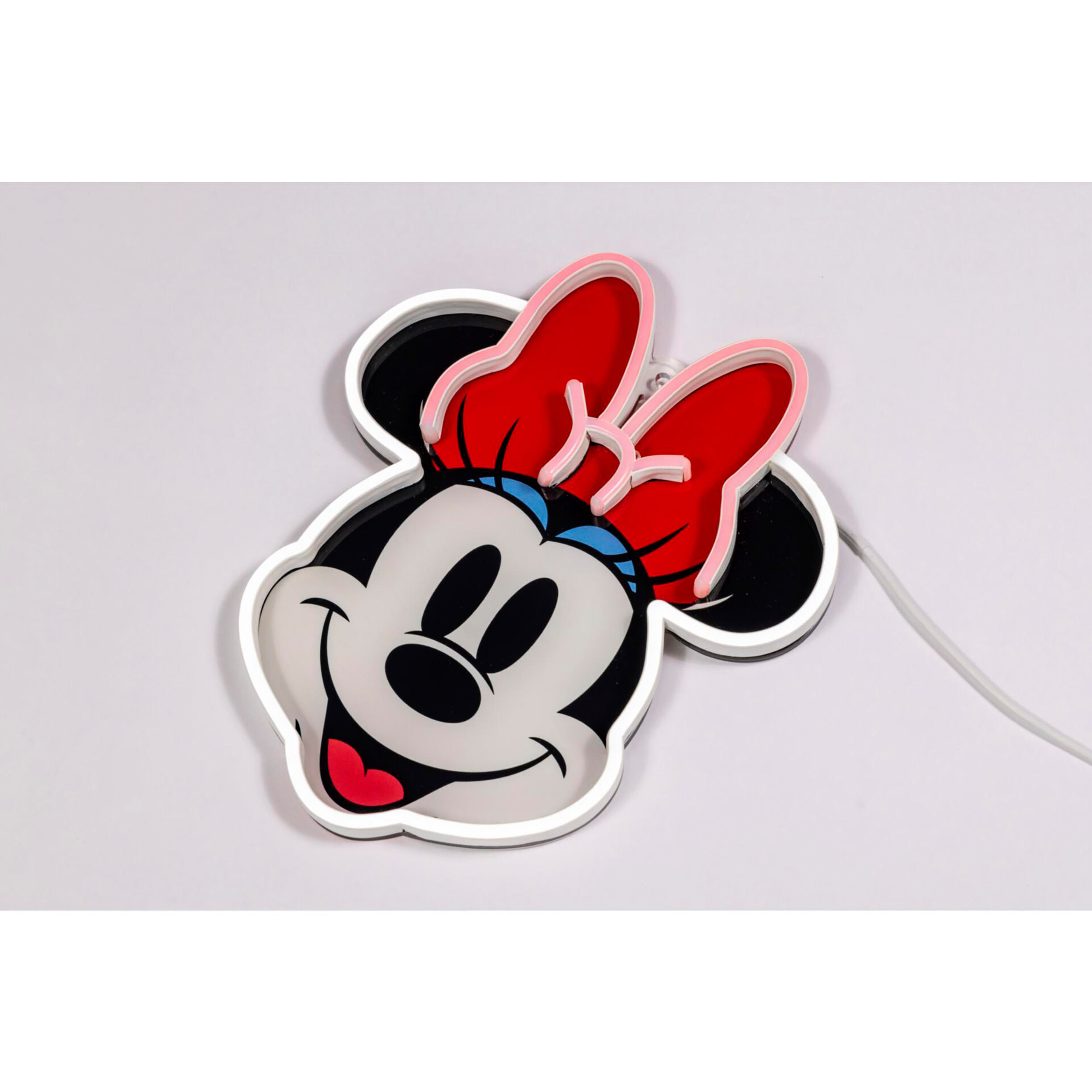 Minnie Maus Neon-Schild mit roter Schleife und lächelndem Gesicht, auf weißem Hintergrund.