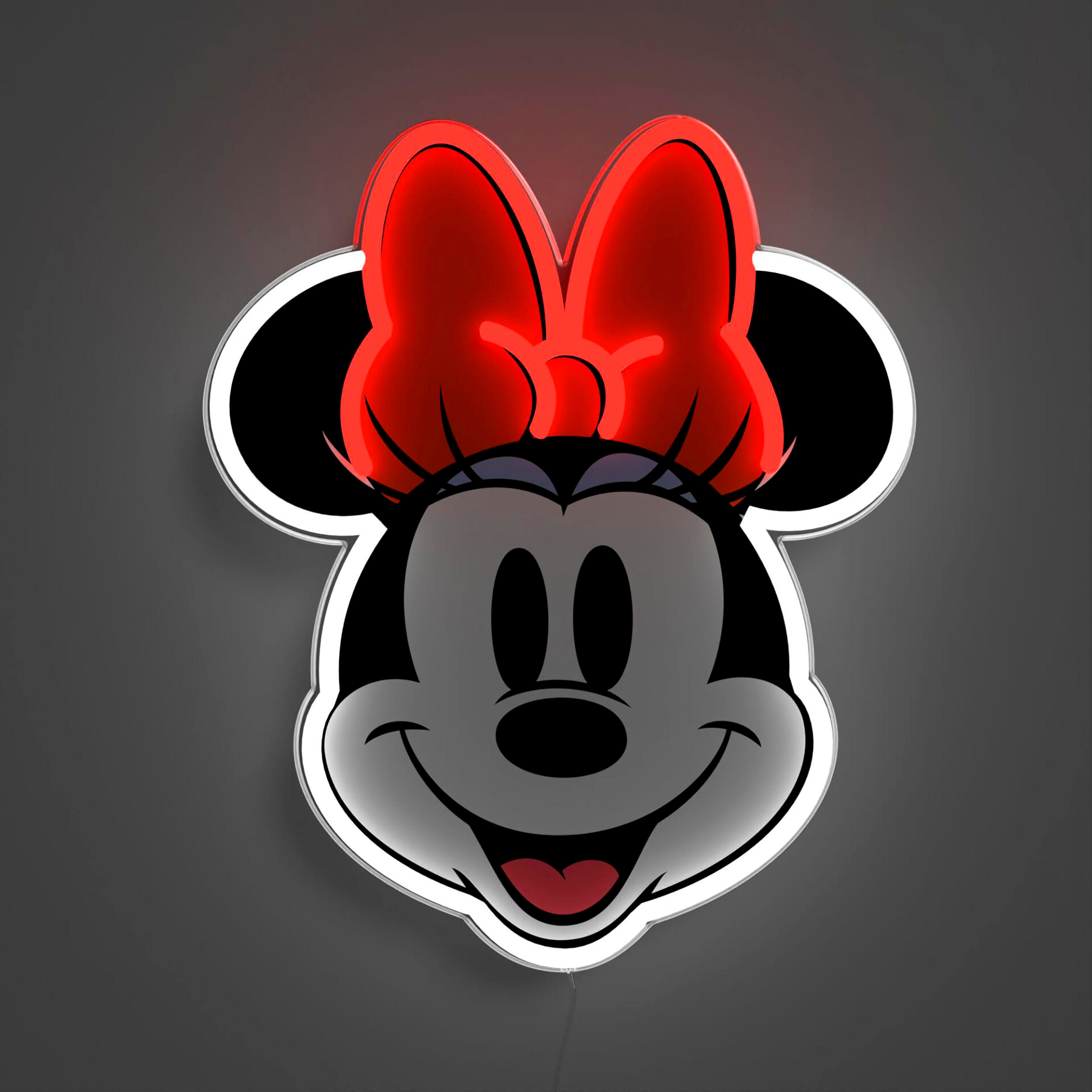 Minnie Mouse Neon-Schild an einer grauen Wand.