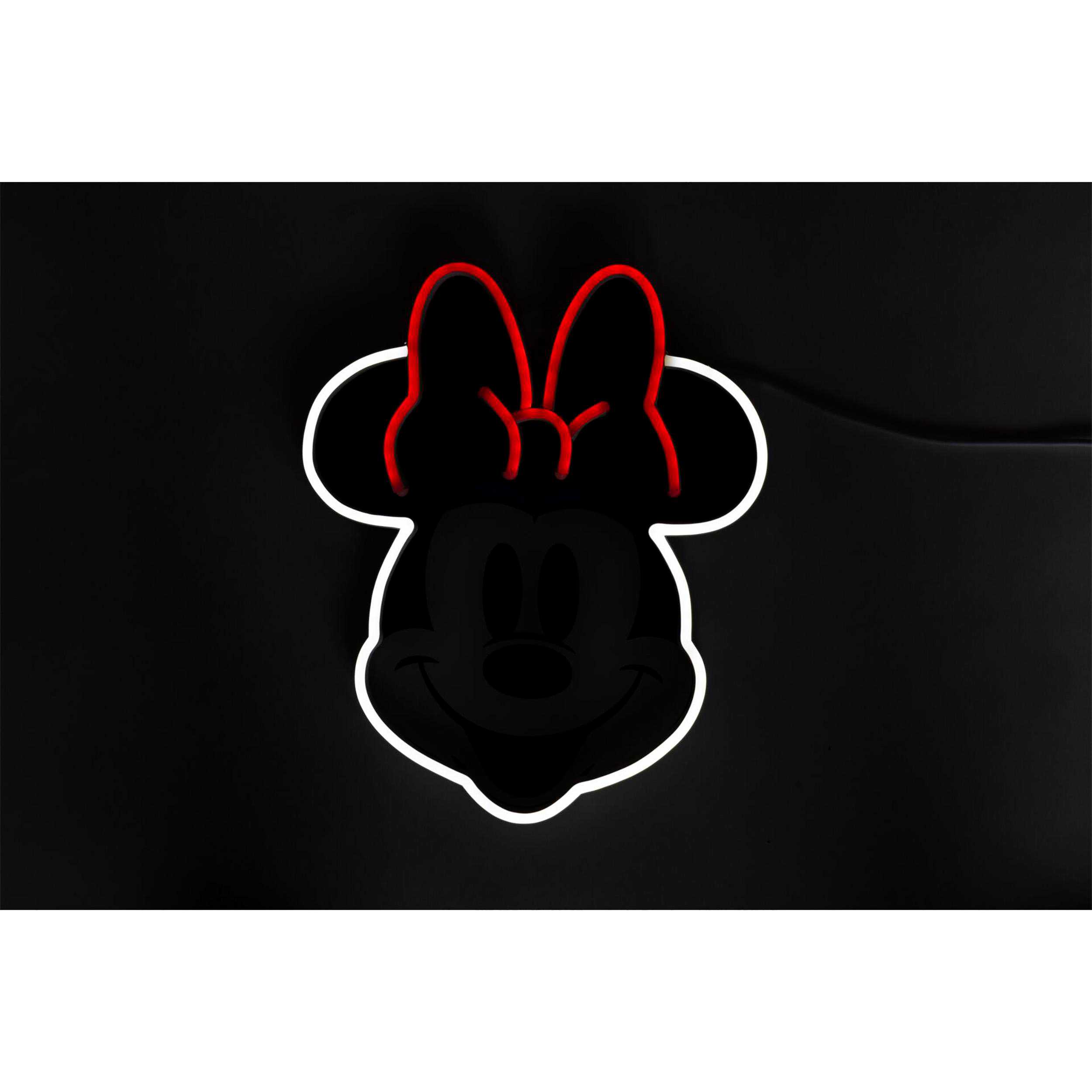Minnie Mouse Neon-Schild auf schwarzem Hintergrund. Umriss und Schleife sind weiß, Schleife ist rot.