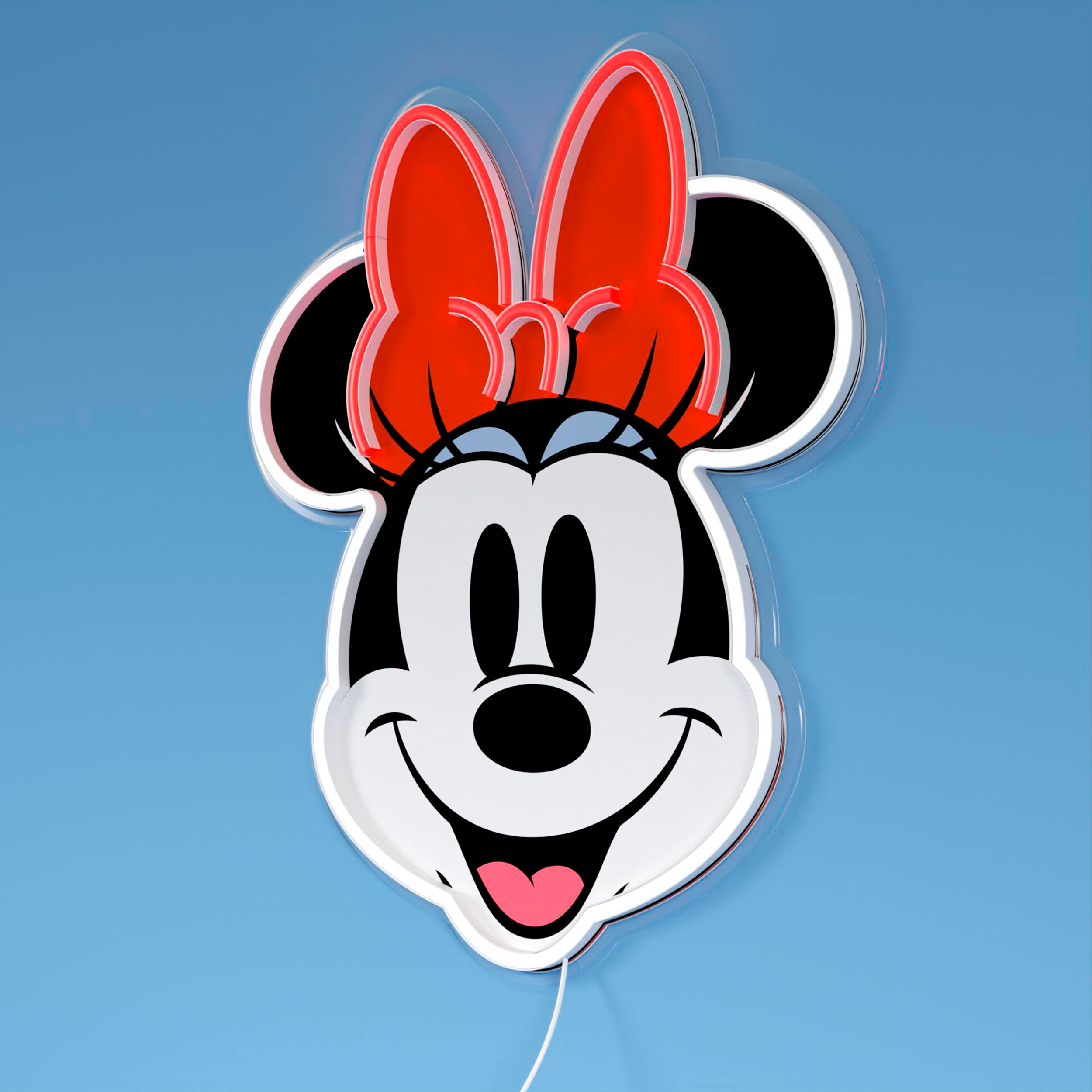 Minnie Maus Neon-Schild mit roter Schleife auf hellblauem Hintergrund. Schild mit weißer Umrandung.