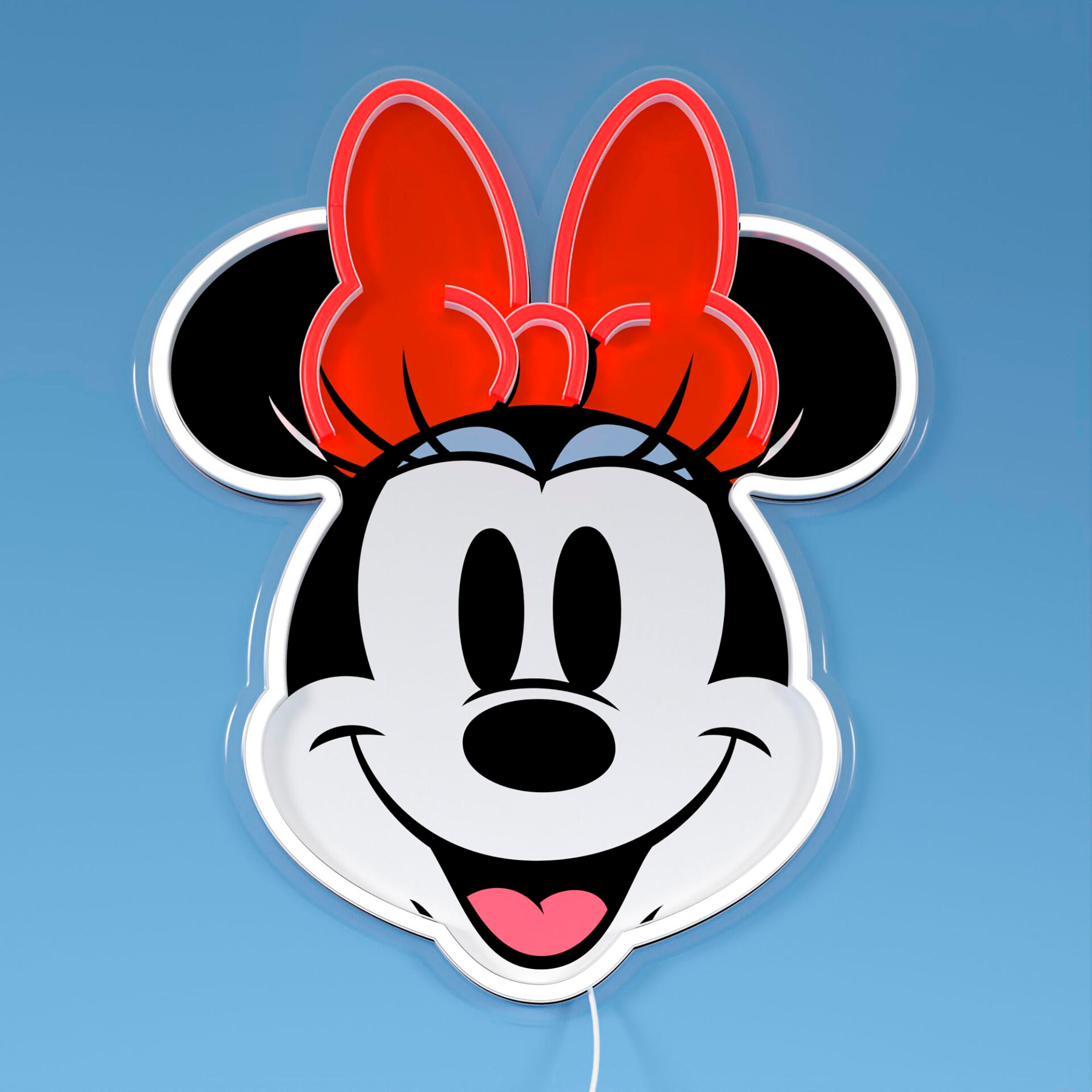 Minnie Maus Kopf Grafik mit roter Schleife und lächelndem Gesicht auf blauem Hintergrund.
