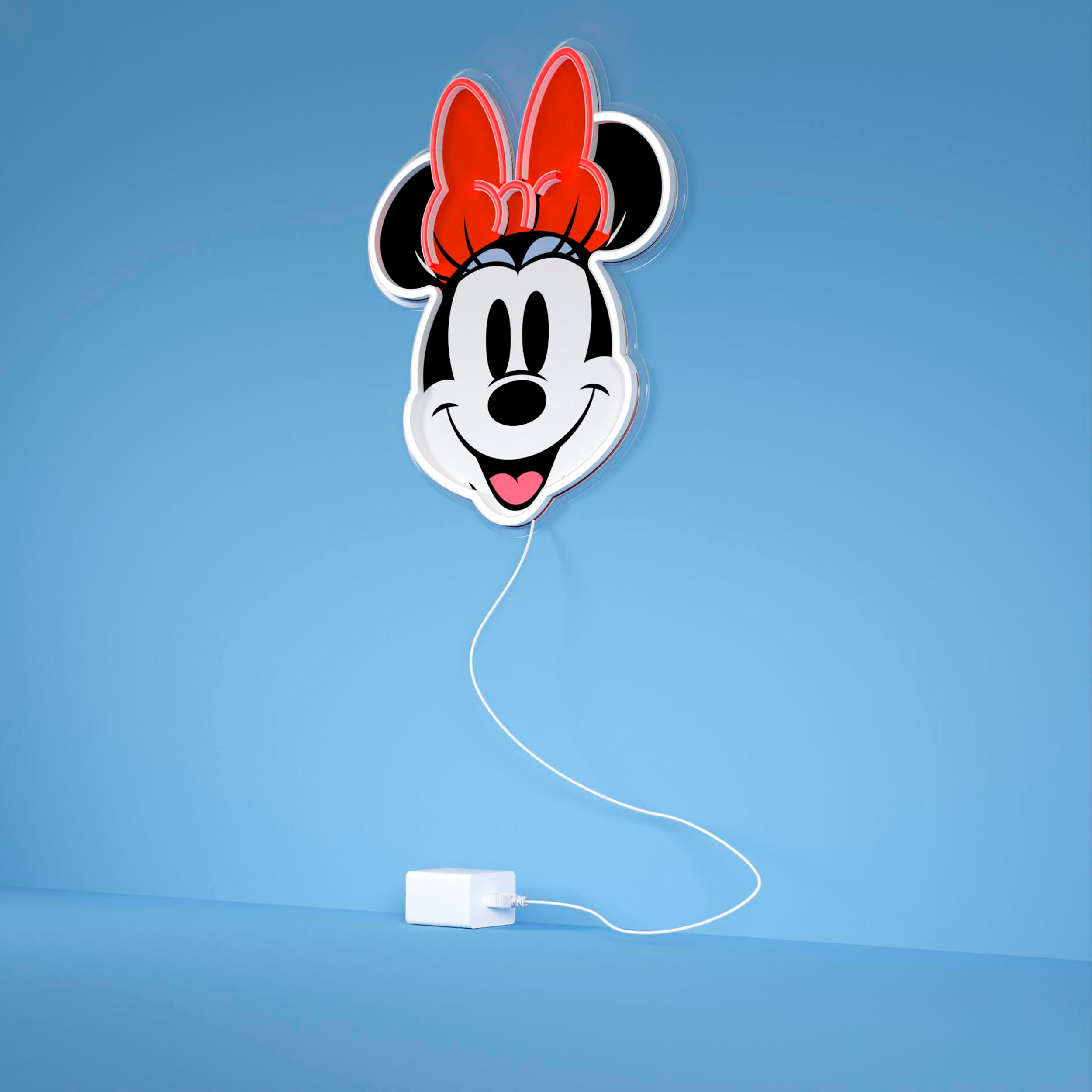 Minnie-Maus-Neon-Schild an blauer Wand, mit weißem Kabel und Adapter.
