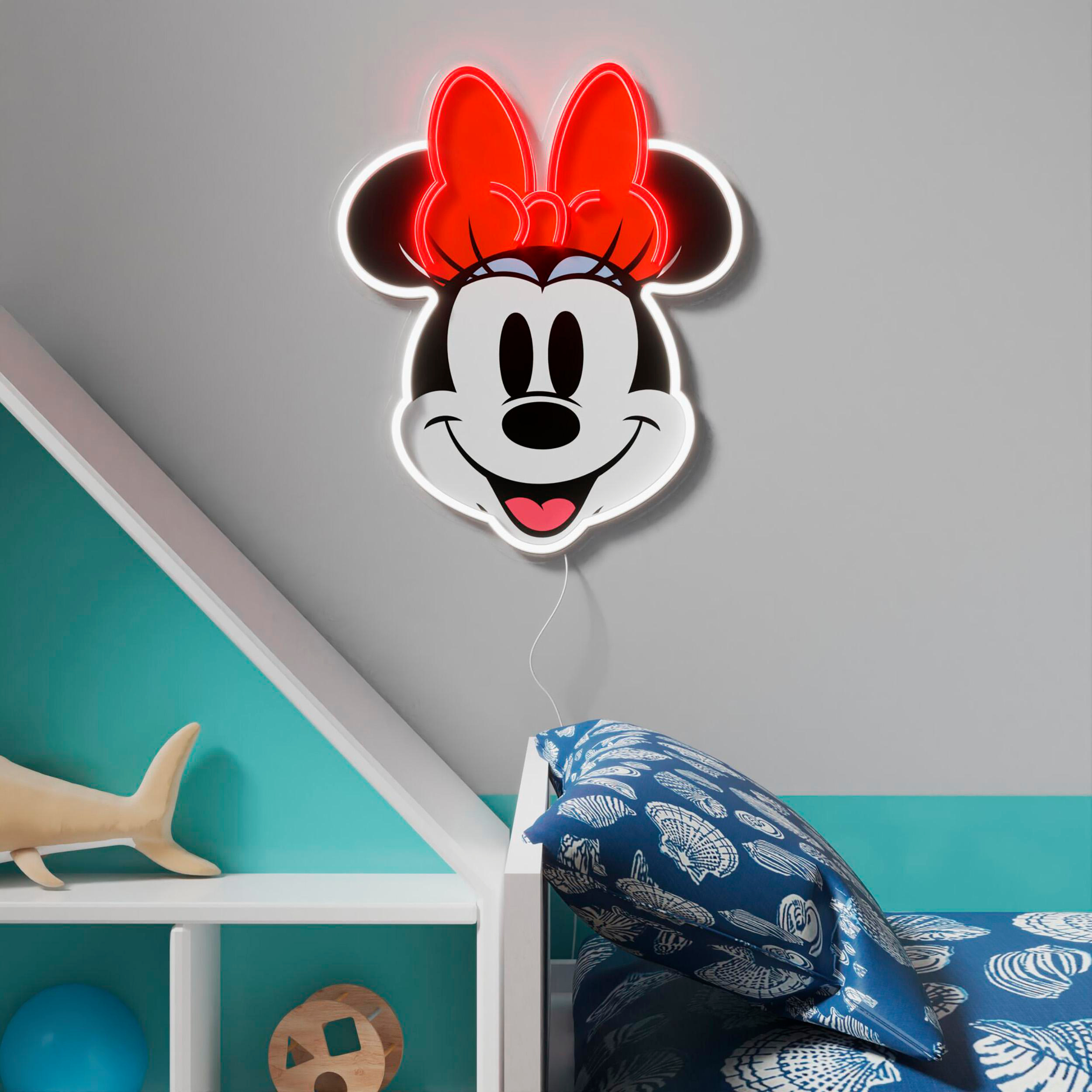Minnie Maus Neon-Schild an einer Wand, rote Schleife.