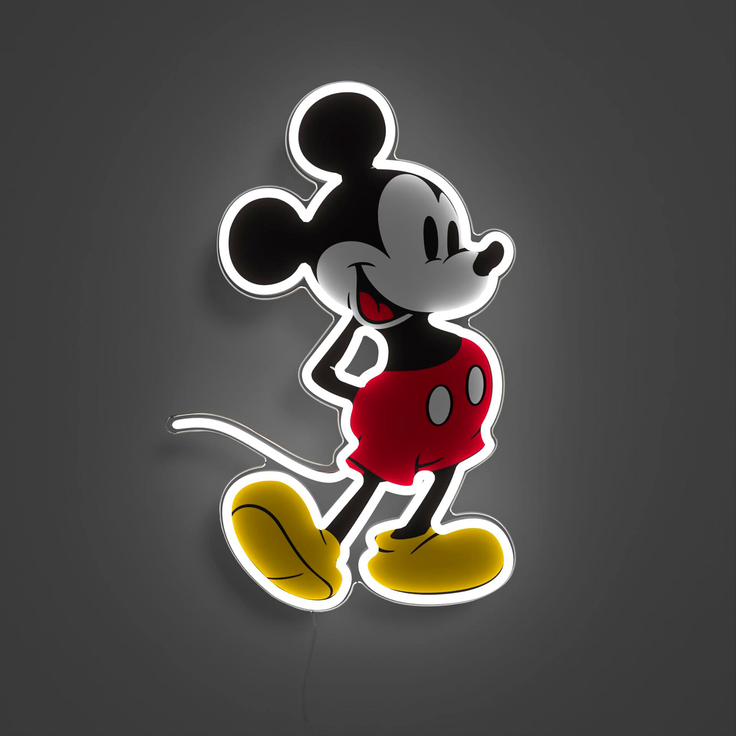 Neon-Mickey Mouse, mit weißer Kontur, auf dunklem grauem Hintergrund.