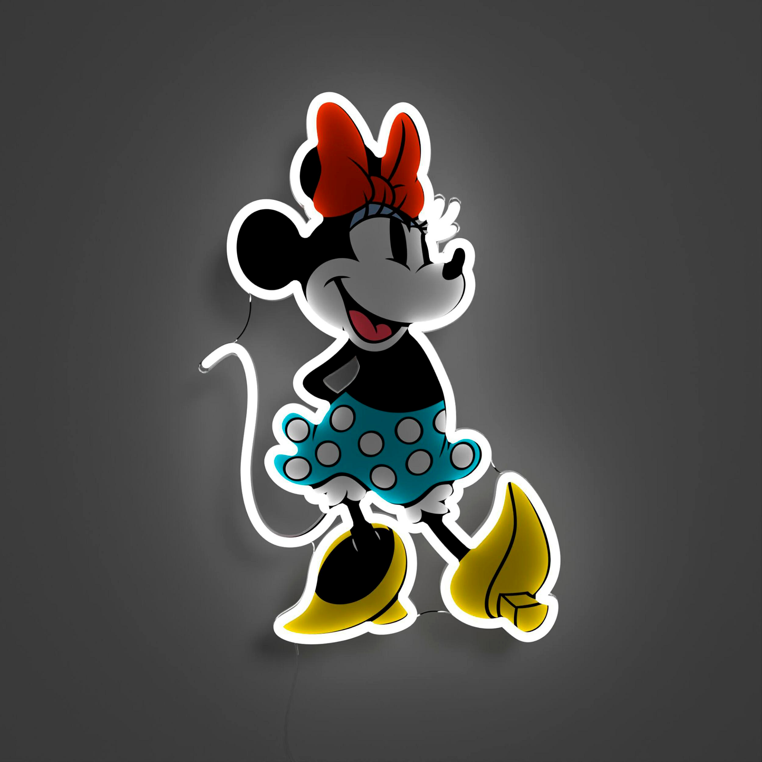 Minnie Mouse Neon-Schild, grauer Hintergrund. Weißer Umriss, rote Schleife, schwarzes Gesicht.