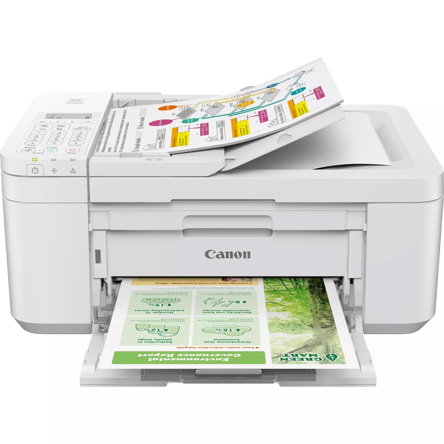 Ein weißer Canon-Drucker druckt ein Dokument. Zwei Seiten sind sichtbar, eine im Ausgabefach.