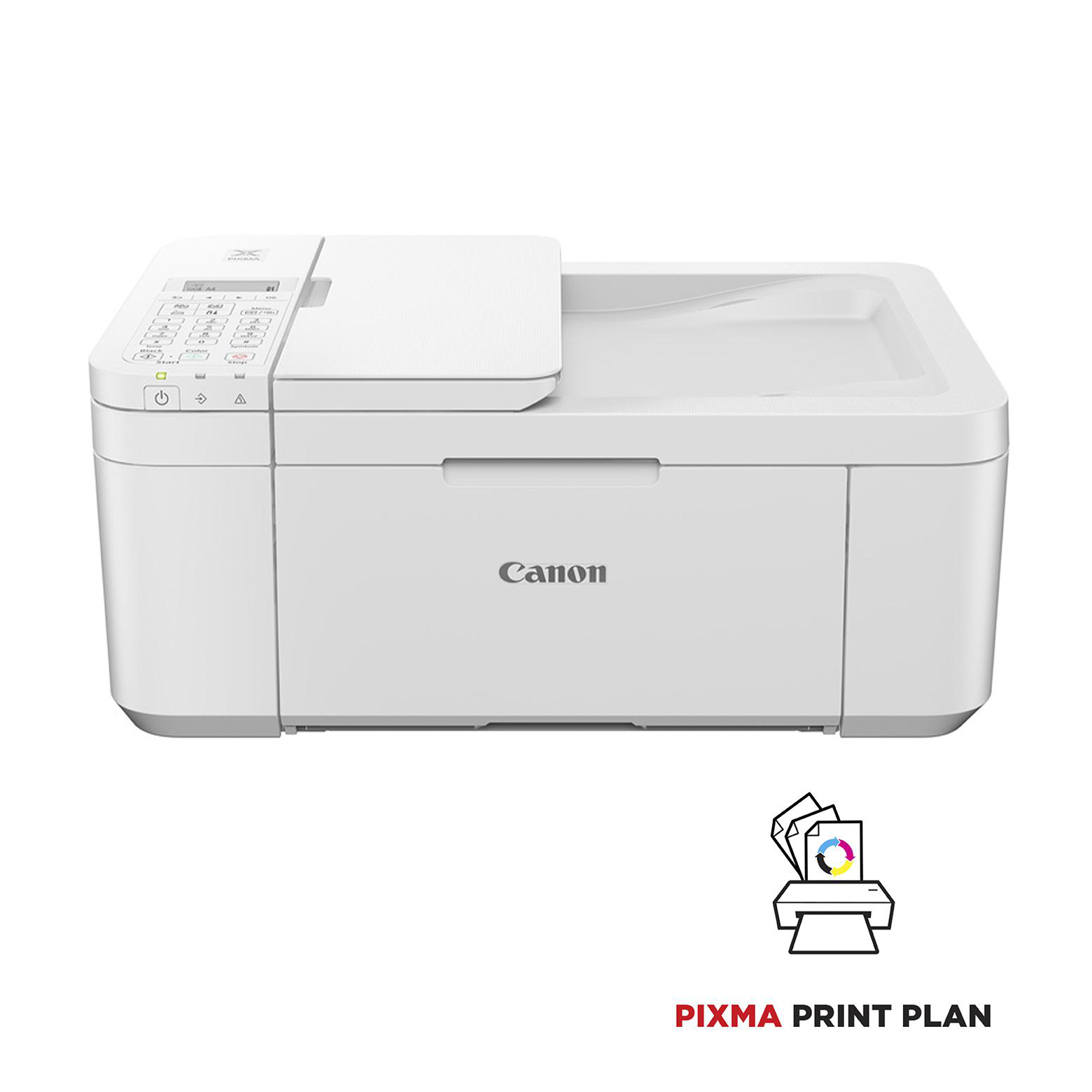 Weißer Canon-Drucker mit Steuertasten und einem Dokumentenfach. Eine Grafik zum Druckplan ist darunter.