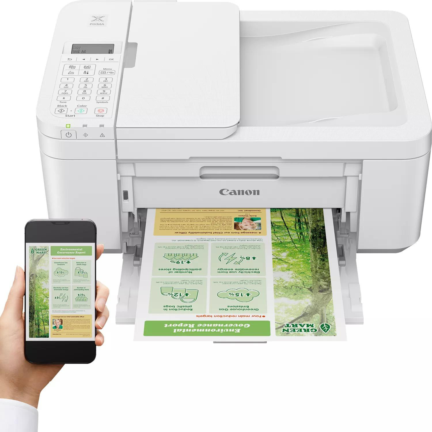 Weißer Canon-Drucker druckt ein Dokument, ein Telefon zeigt einen Bericht, und eine Hand hält es.