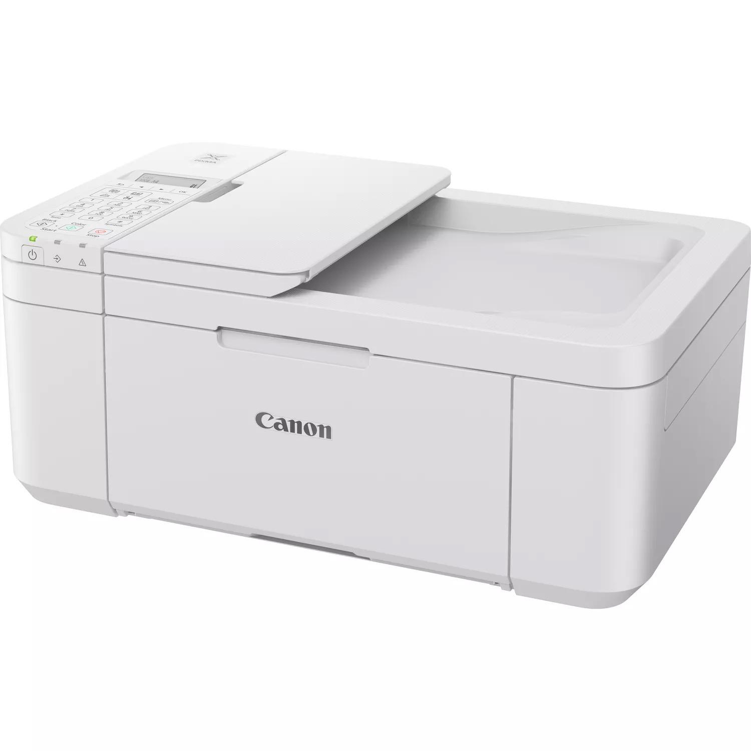 Weißer Canon-Drucker mit geöffneter oberer Abdeckung, der die inneren Komponenten zeigt. Der Drucker steht auf einem Tisch.