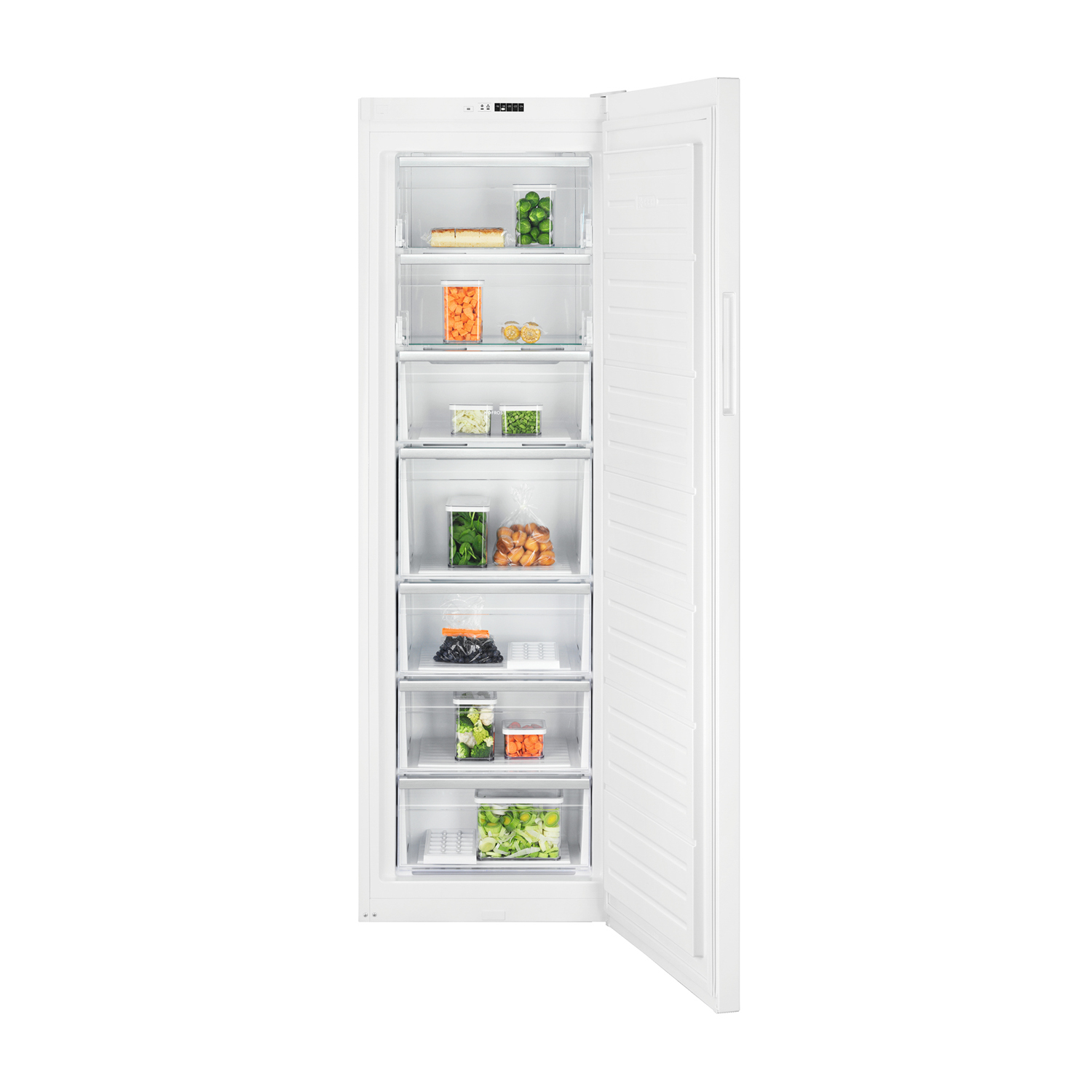 Un congelatore bianco con la porta aperta, che mostra vari scomparti pieni di cibo.