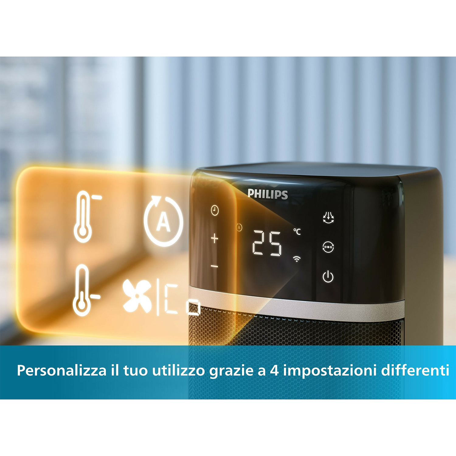 Purificatore d'aria Philips nero con display digitale, che mostra 25 gradi.