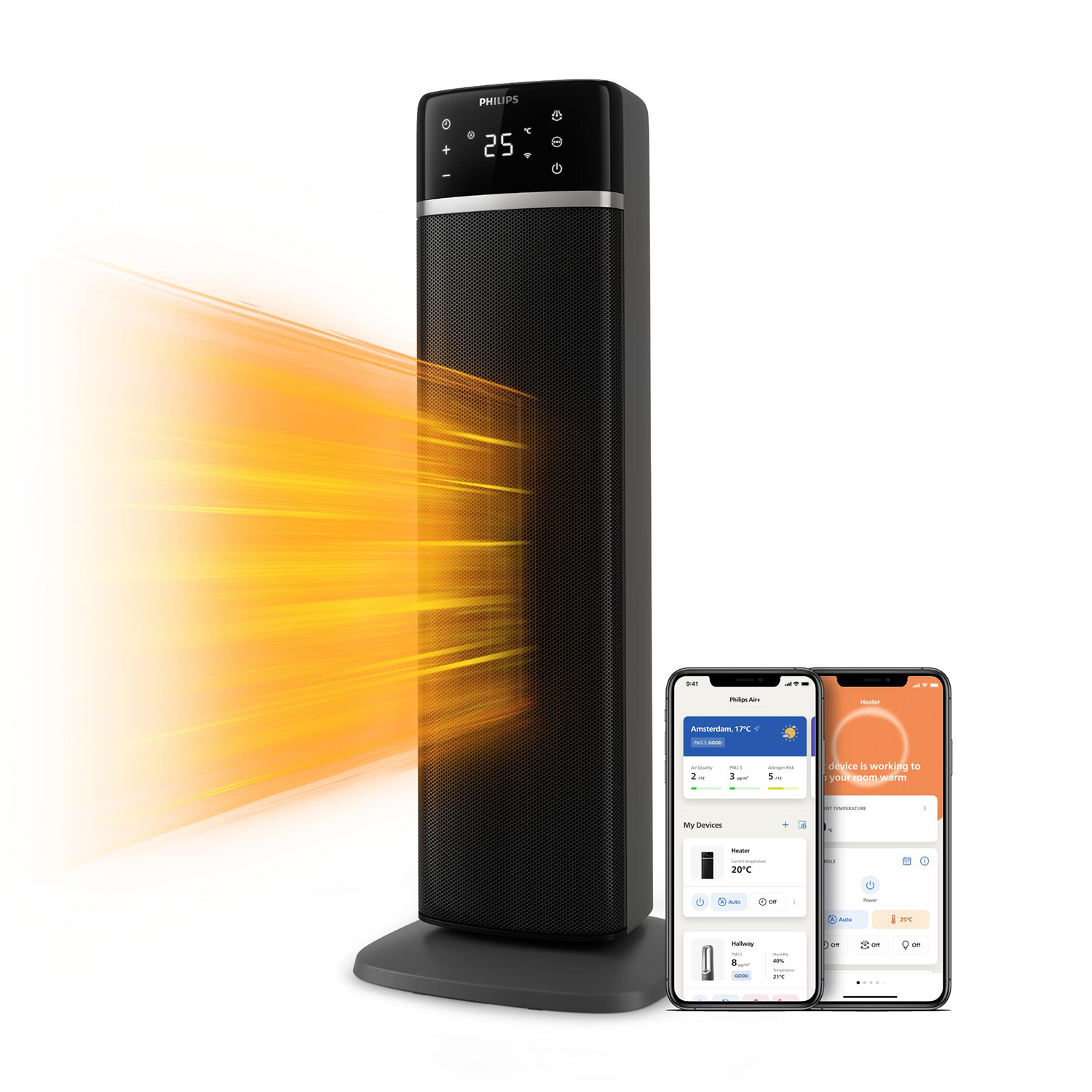 Riscaldatore nero con effetto luce arancione e due telefoni con dettagli app.