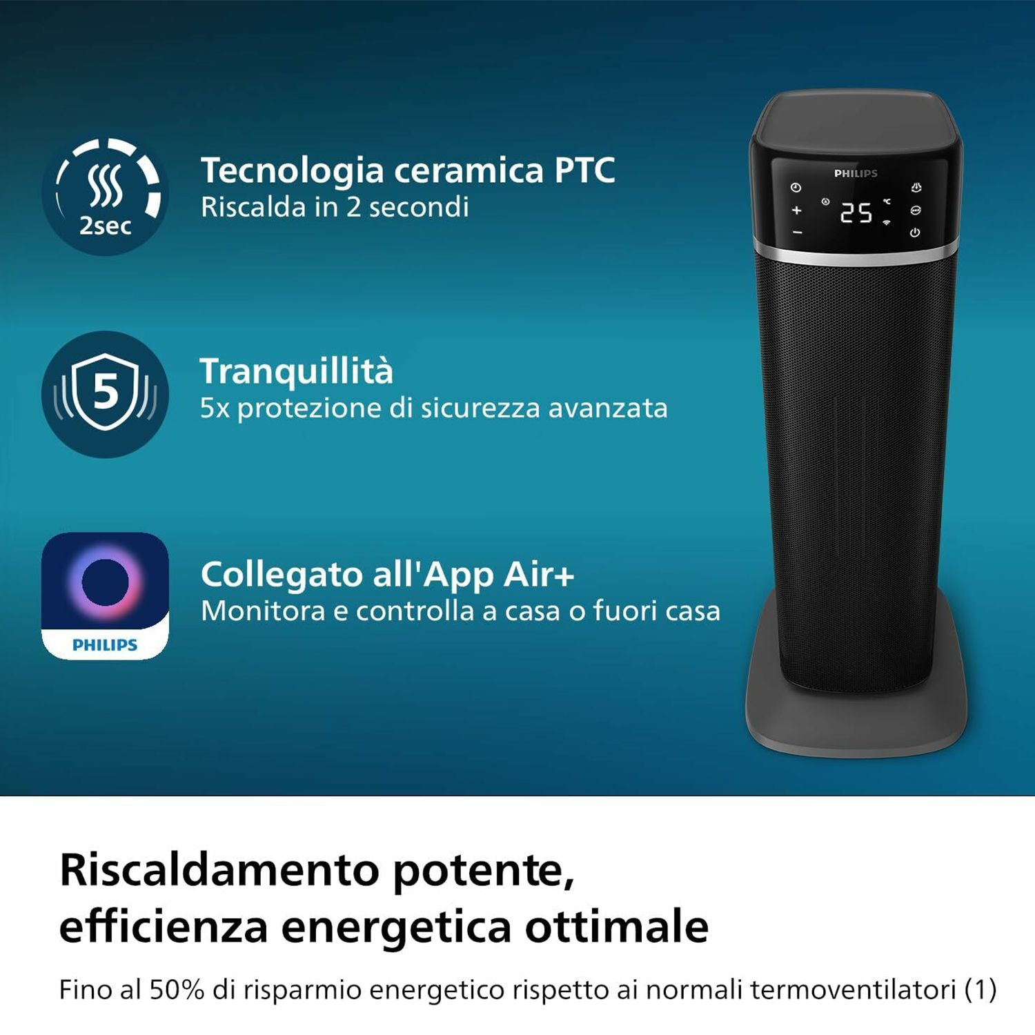 Un termoventilatore a torre nero con display digitale, testo e icone.