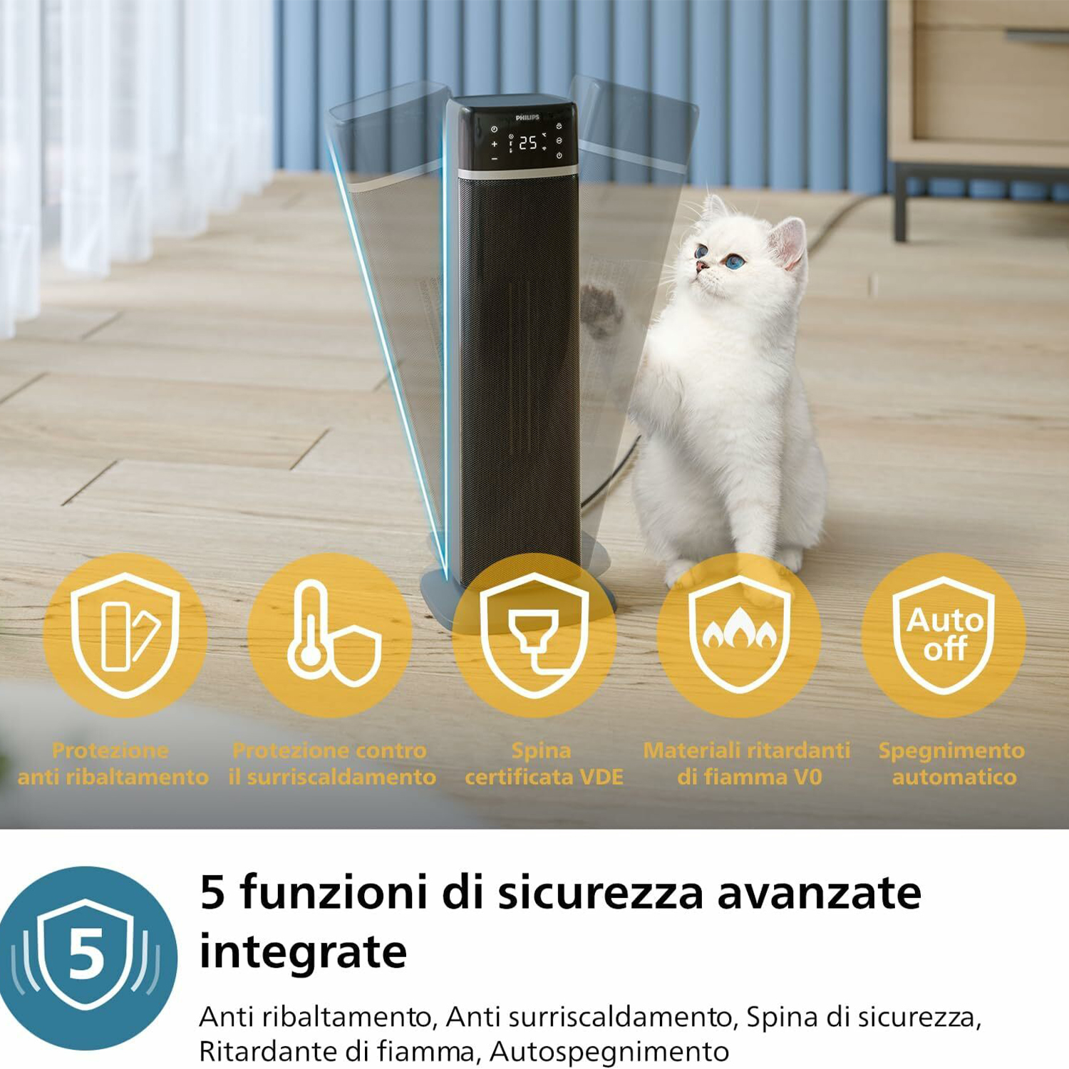 Un riscaldatore nero e argento con un gatto bianco in primo piano.