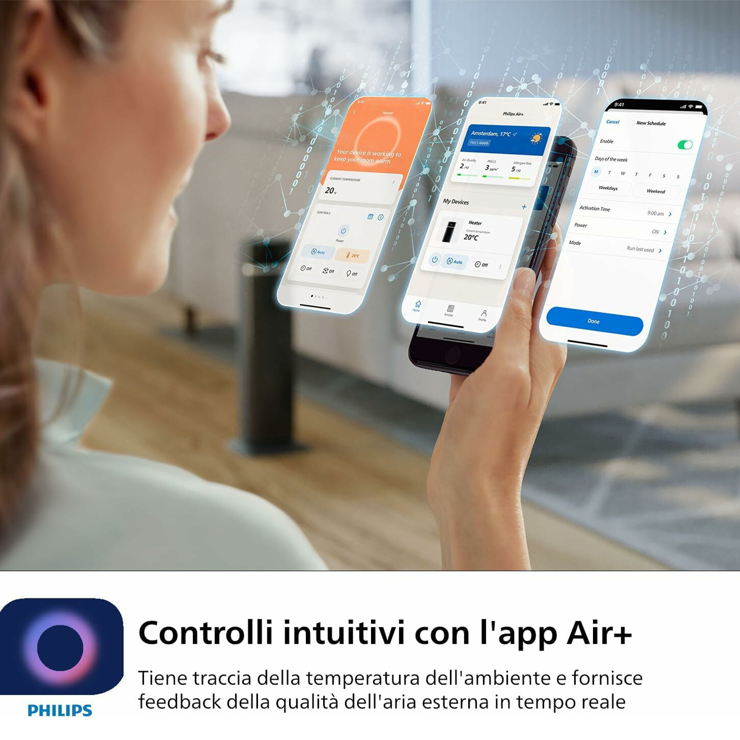 Donna che usa uno smartphone che mostra tre schermate di app relative alla qualità dell'aria.