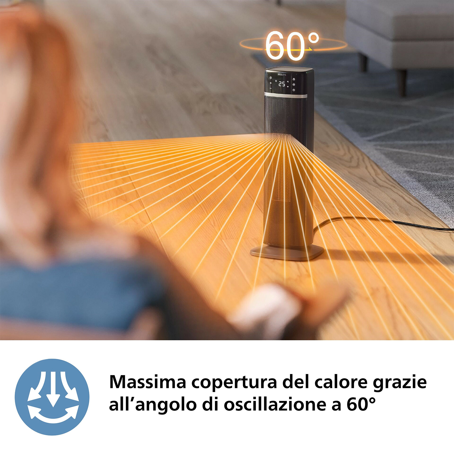 Un termoventilatore Philips nero e marrone con un angolo di 60 gradi.