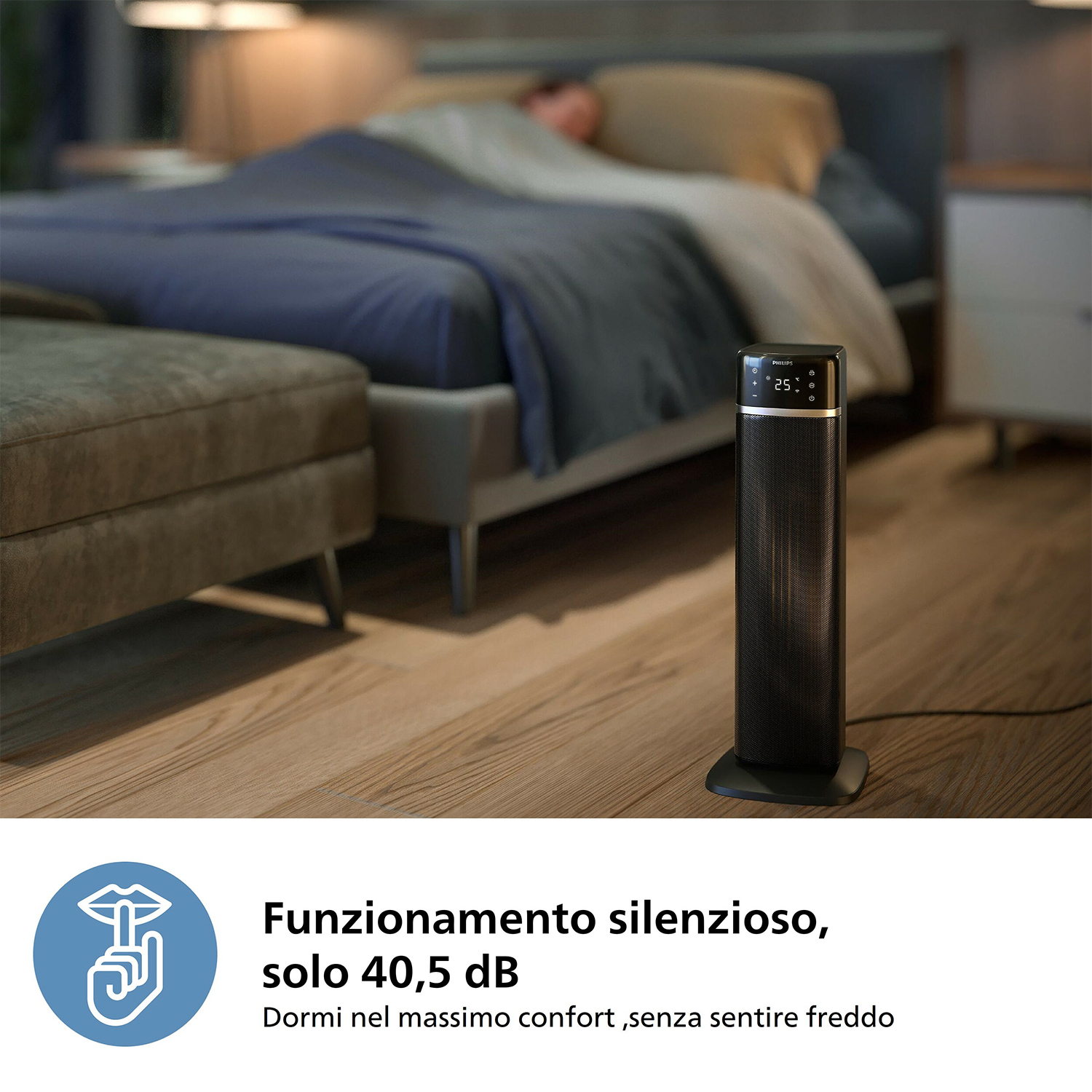 Un termoventilatore nero in una camera da letto, con testo sul funzionamento silenzioso e comfort.
