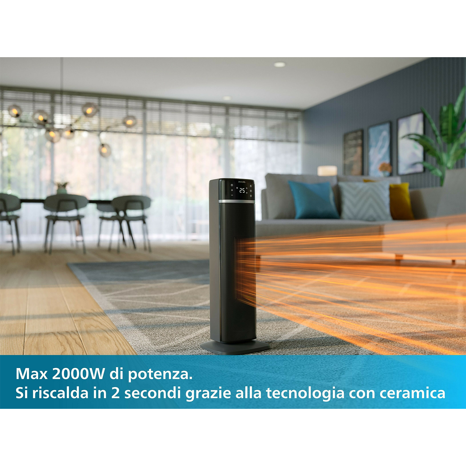 Termoventilatore a torre nero sul pavimento, con onde di calore arancioni.