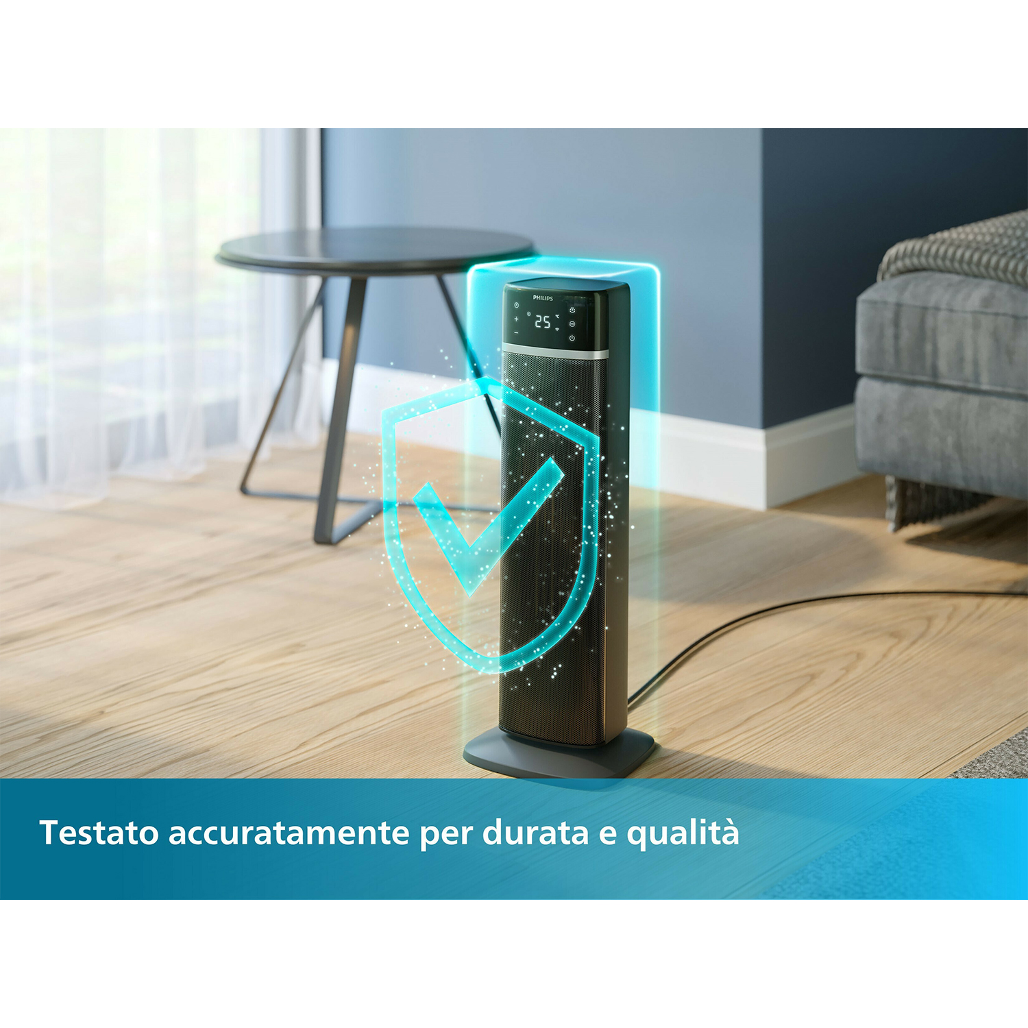 Termoconvettore nero con display digitale, scudo blu e testo: Testato per la qualità.