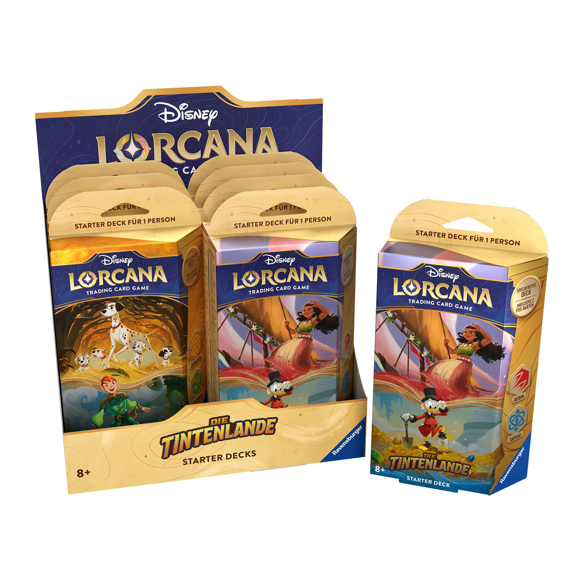 Kartenspielboxen. Displaybox mit zwei Starter-Decks und einer einzelnen Starter-Deck-Box. Disney Lorcana.