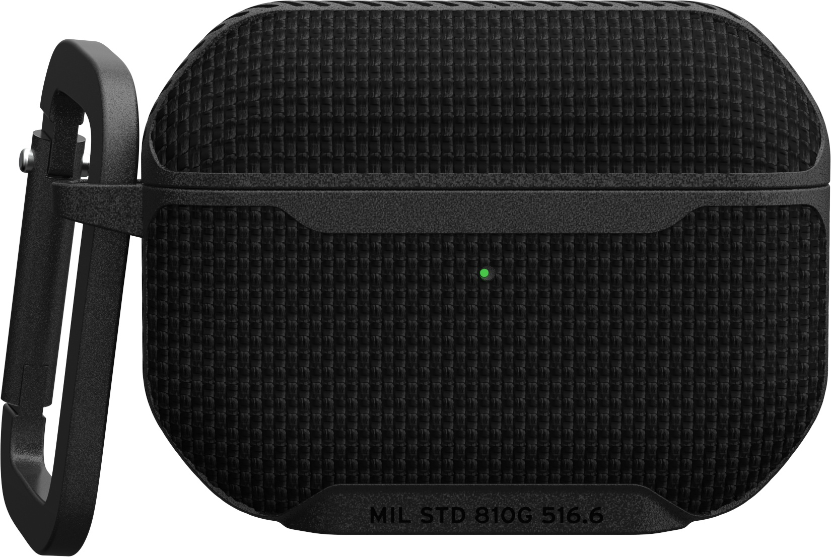 Étui AirPods noir avec mousqueton, surface texturée.