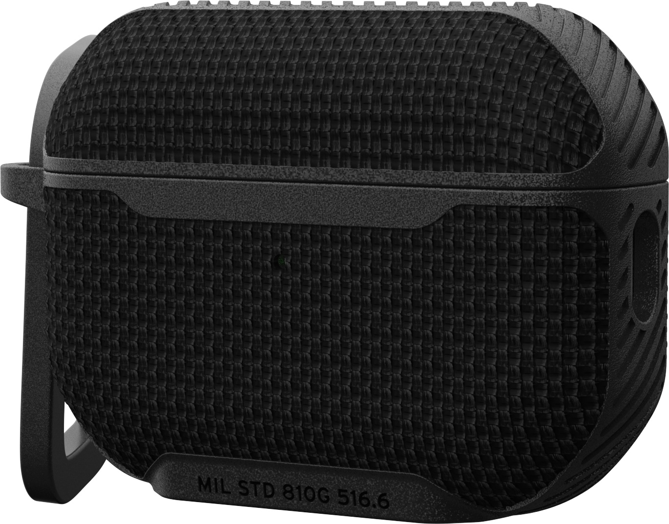 Étui noir pour AirPods Pro, avec texture tissu et boucle pour accrocher.