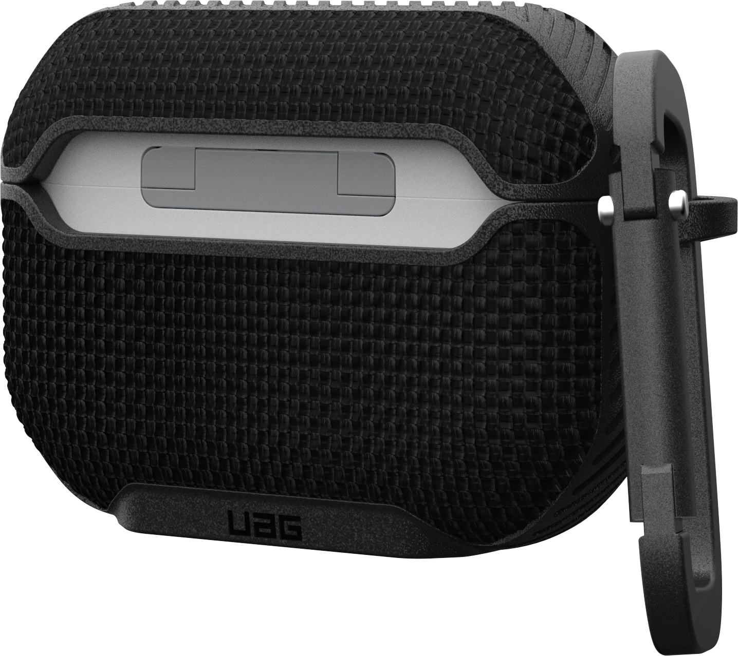 Étui de protection noir et texturé pour AirPods avec mousqueton.