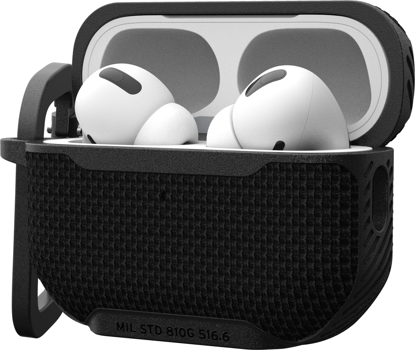 Étui noir avec AirPods blancs à l'intérieur. L'étui est ouvert.