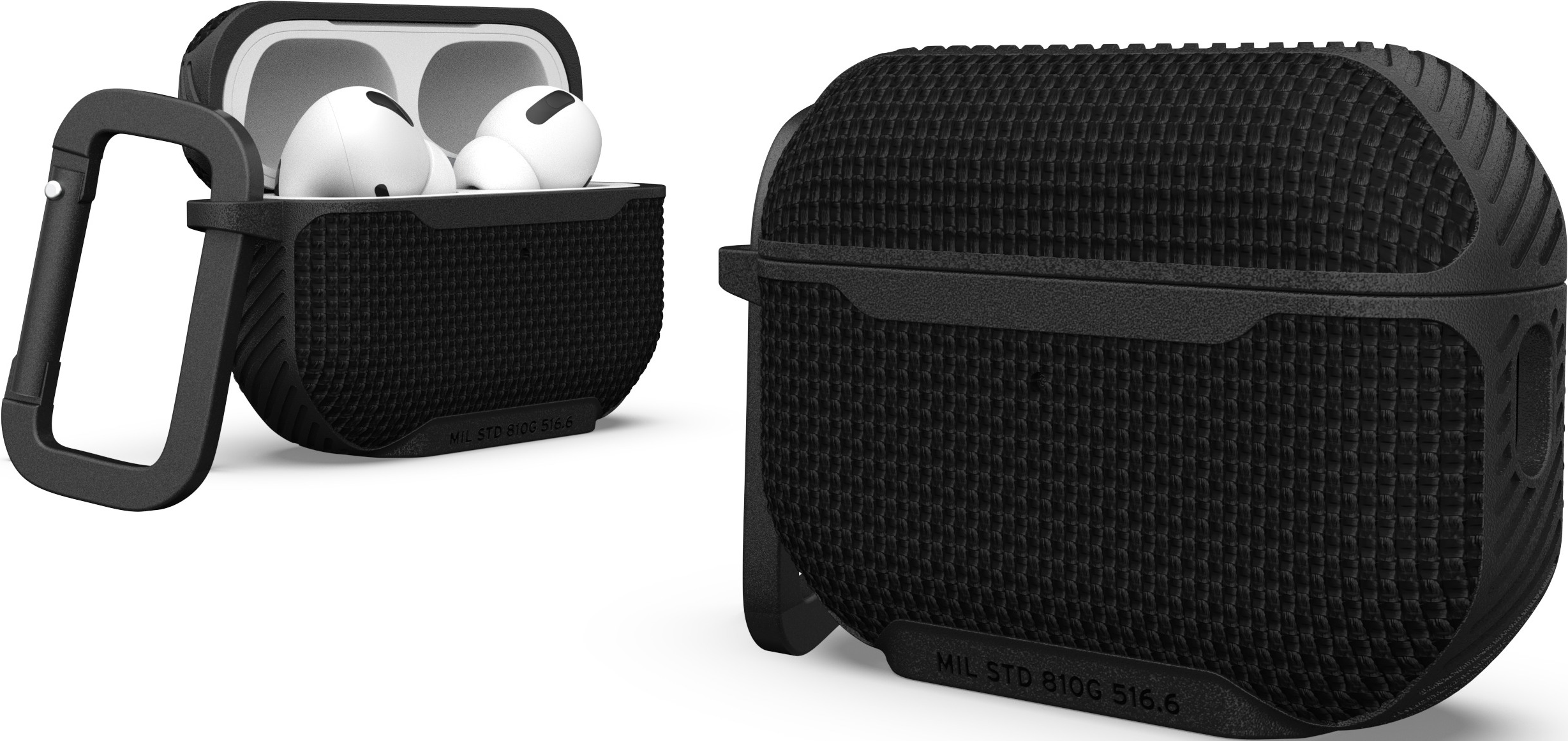 Étui AirPods Pro noir ouvert, montrant les écouteurs.