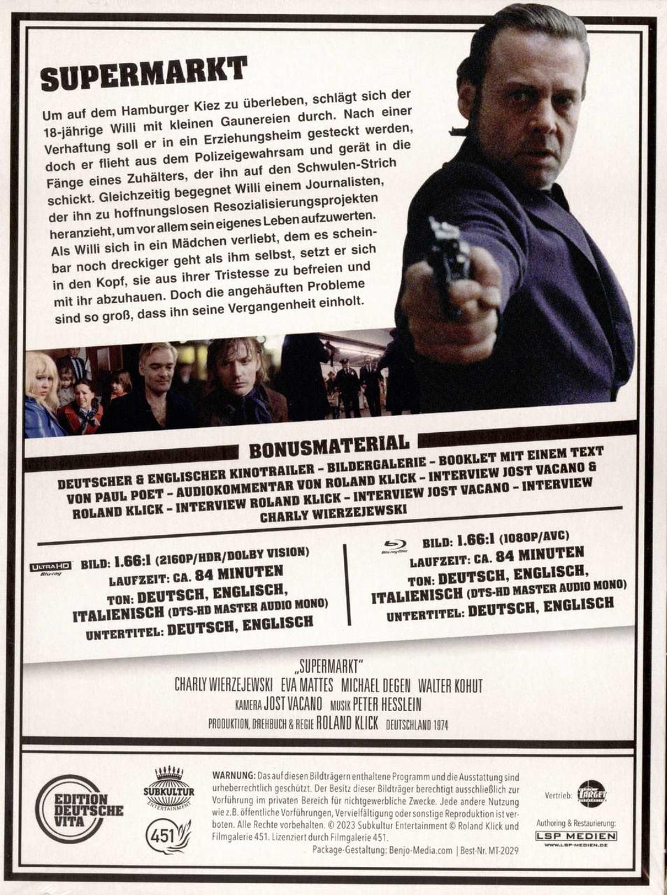 Filmposter mit Mann, der eine Pistole zeigt, Text auf Deutsch.