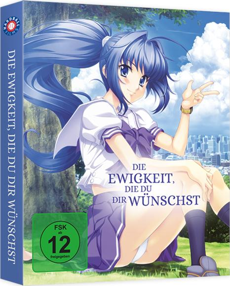 Anime-DVD-Cover: Ein Mädchen mit blauen Haaren lächelt, der Titel ist auf Deutsch.