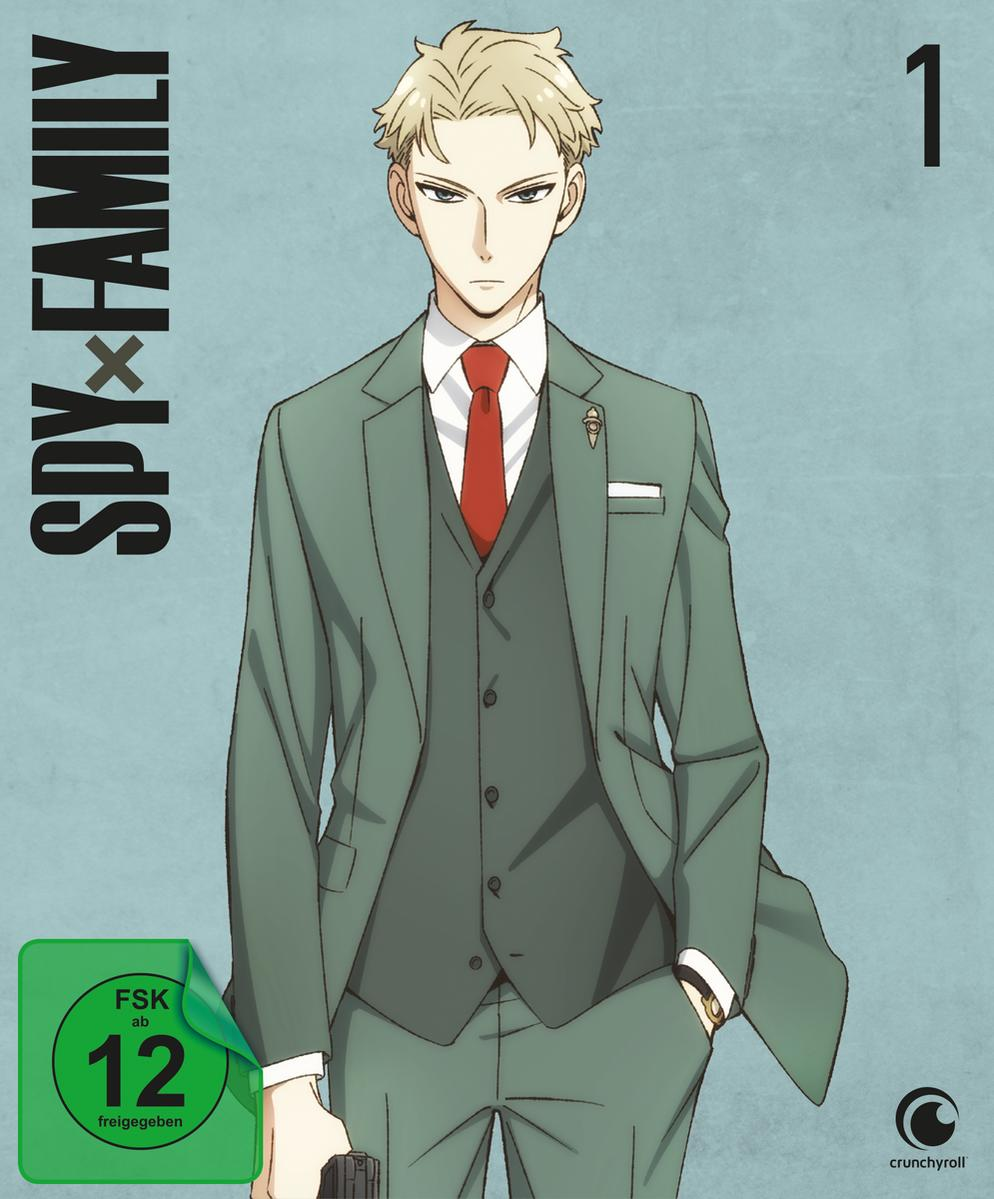 Anime-Figur in grünem Anzug und roter Krawatte, hält eine Pistole. Der Titel lautet Spy x Family.