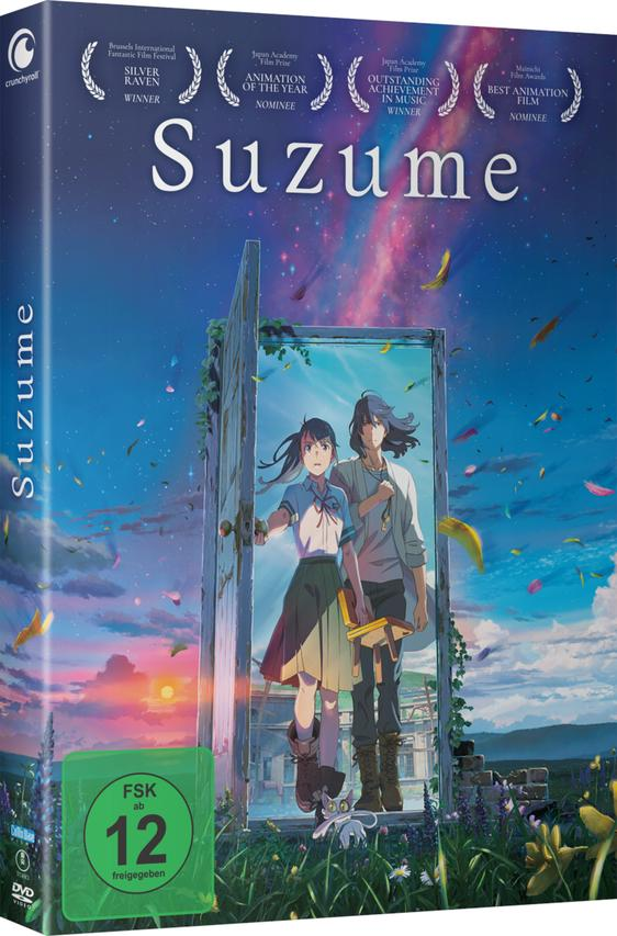 DVD-Hülle des Anime-Films Suzume. Zeigt eine Frau und einen Mann vor einer offenen Tür.