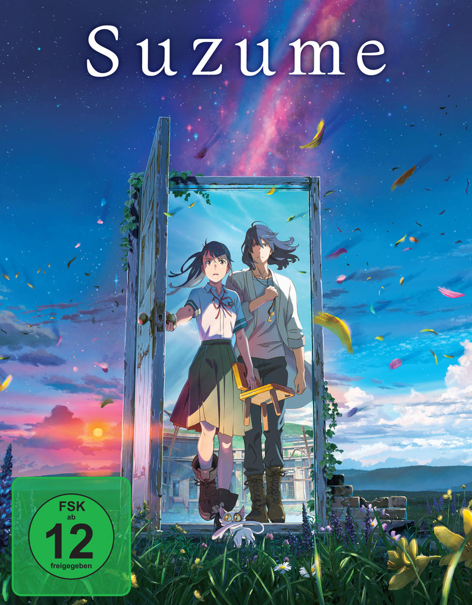 Filmcover für 'Suzume' mit zwei Personen vor einer Tür mit Sternenhimmel.