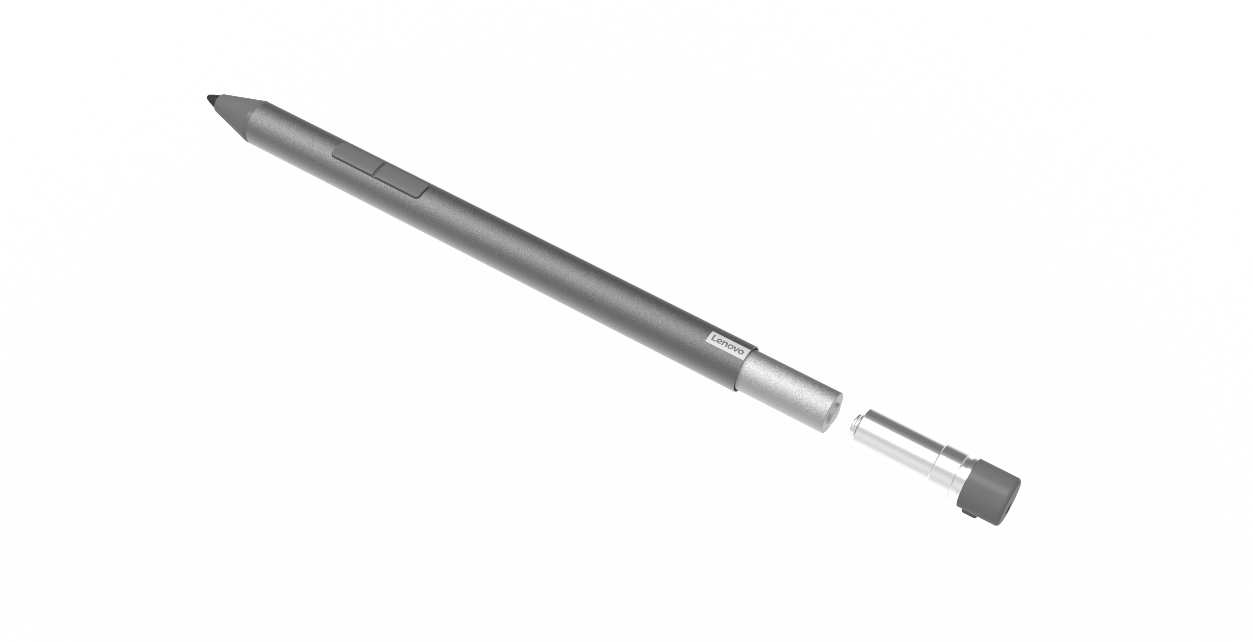 Lenovo Digitalstift, grau mit silberfarbenen Akzenten. Die Spitze kann entfernt werden.