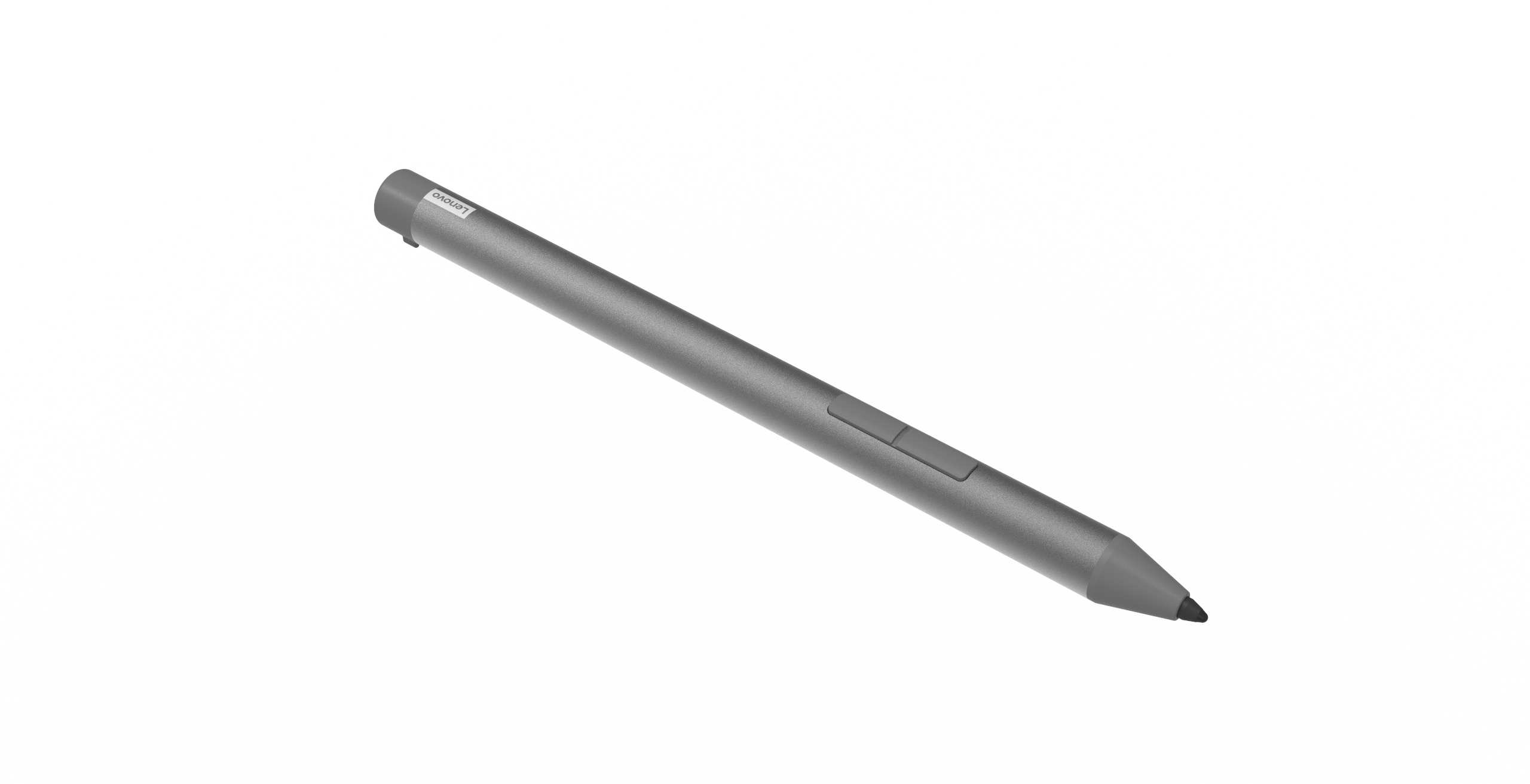 Grauer Lenovo-Stylus-Stift, auf weißer Oberfläche angewinkelt, Markenname sichtbar.