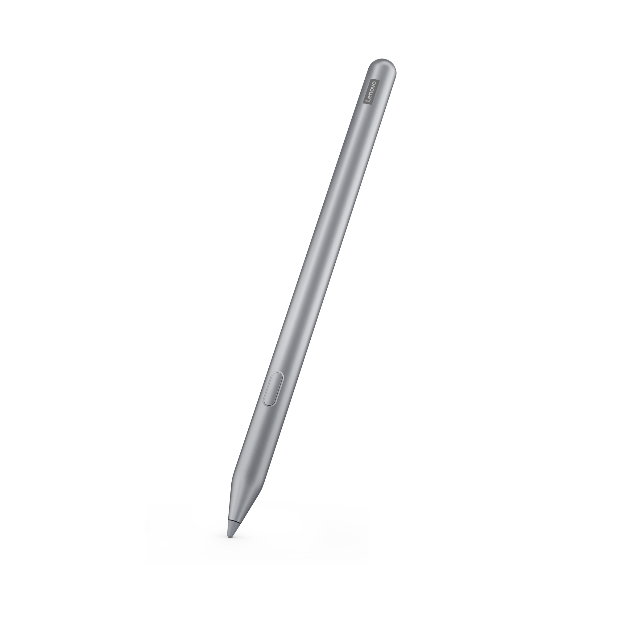 Silberner Lenovo-Stift auf weißem Hintergrund, leicht angewinkelt.