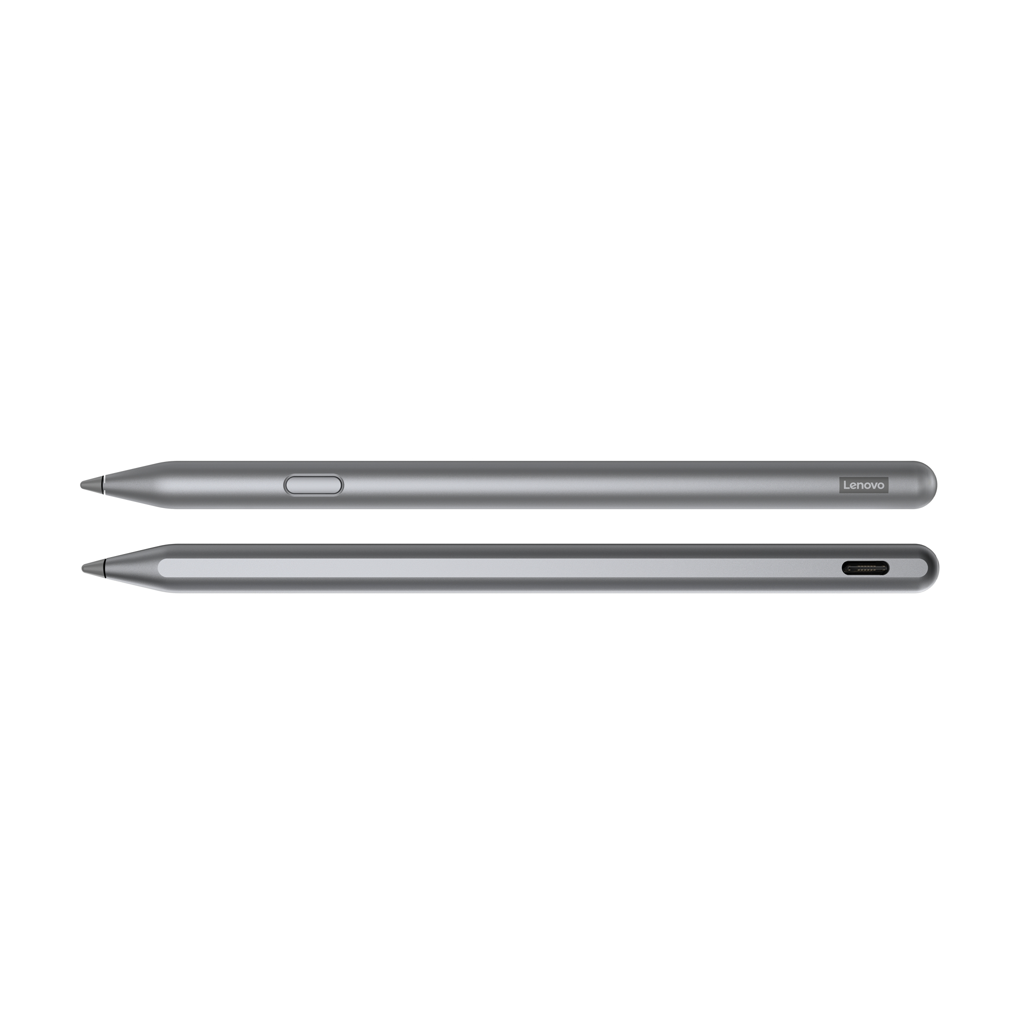 Zwei Lenovo-Stifte, einer stehend, einer flach, beide grau mit Lenovo-Logo.
