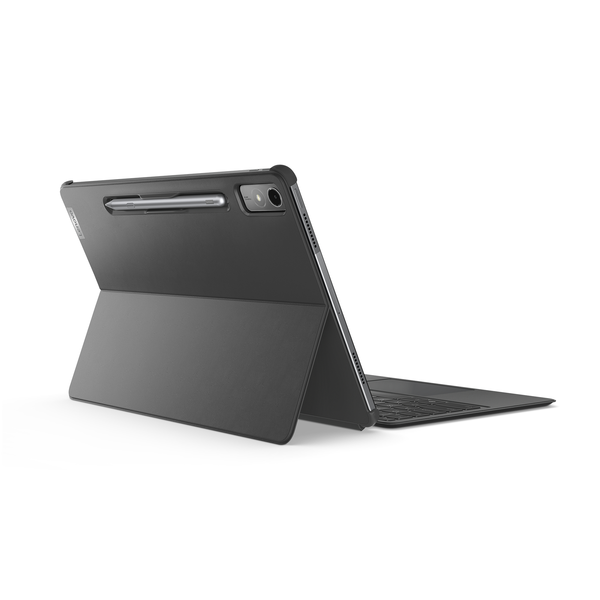 Ein schwarzes Tablet mit Tastaturhülle und einem silbernen Stift.