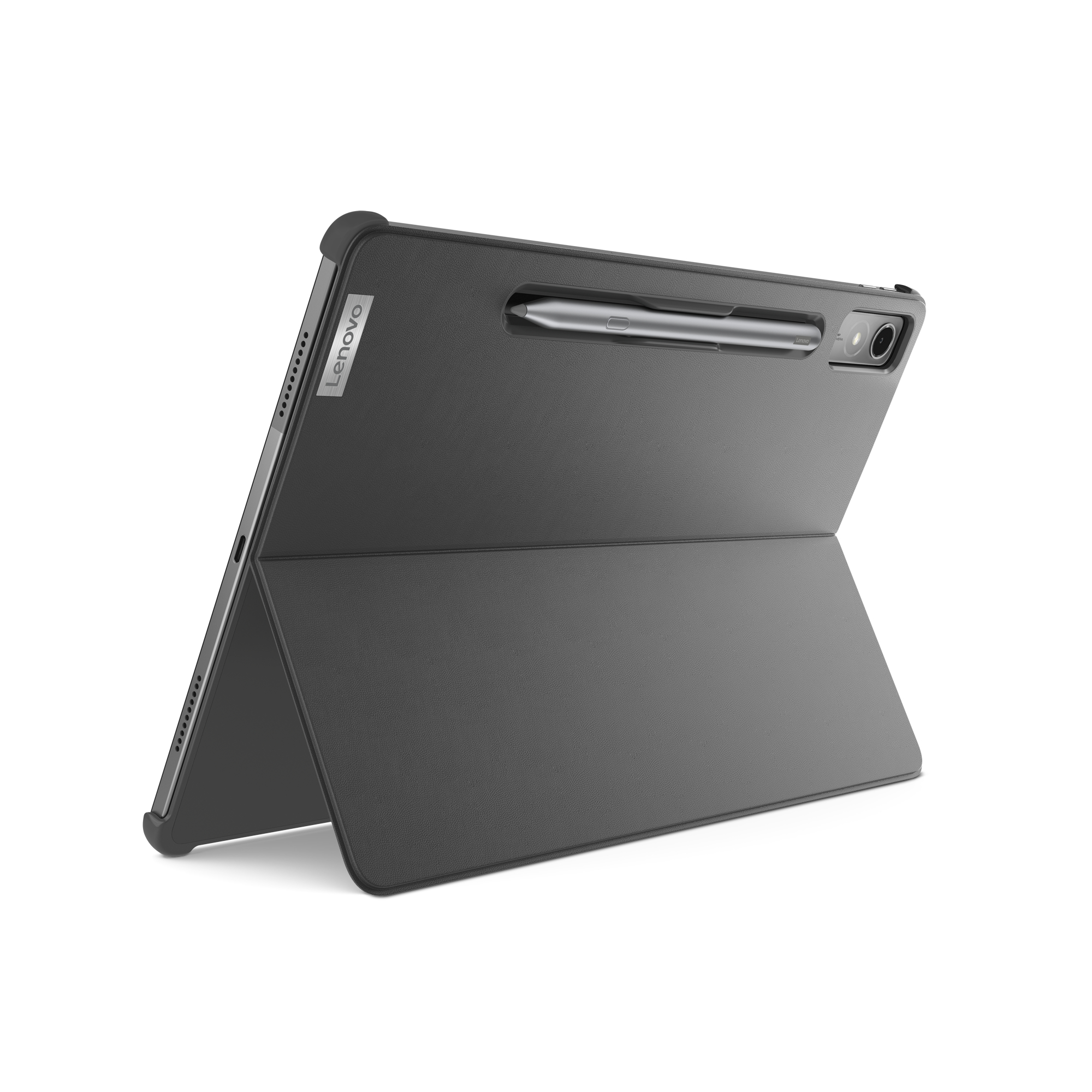 Schwarzes Tablet in schwarzer Hülle mit Stift, weißer Hintergrund.