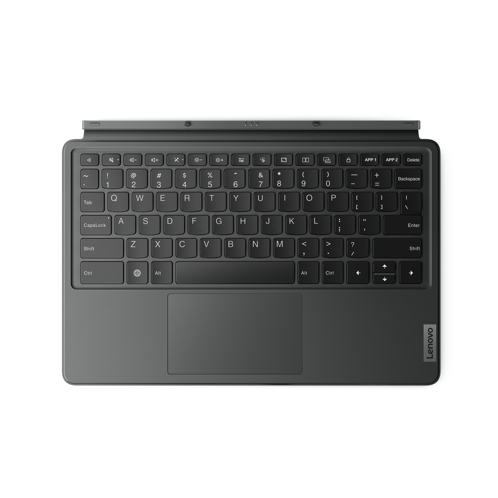 Eine dunkelgraue Tastatur mit Touchpad und einem Lenovo-Logo.