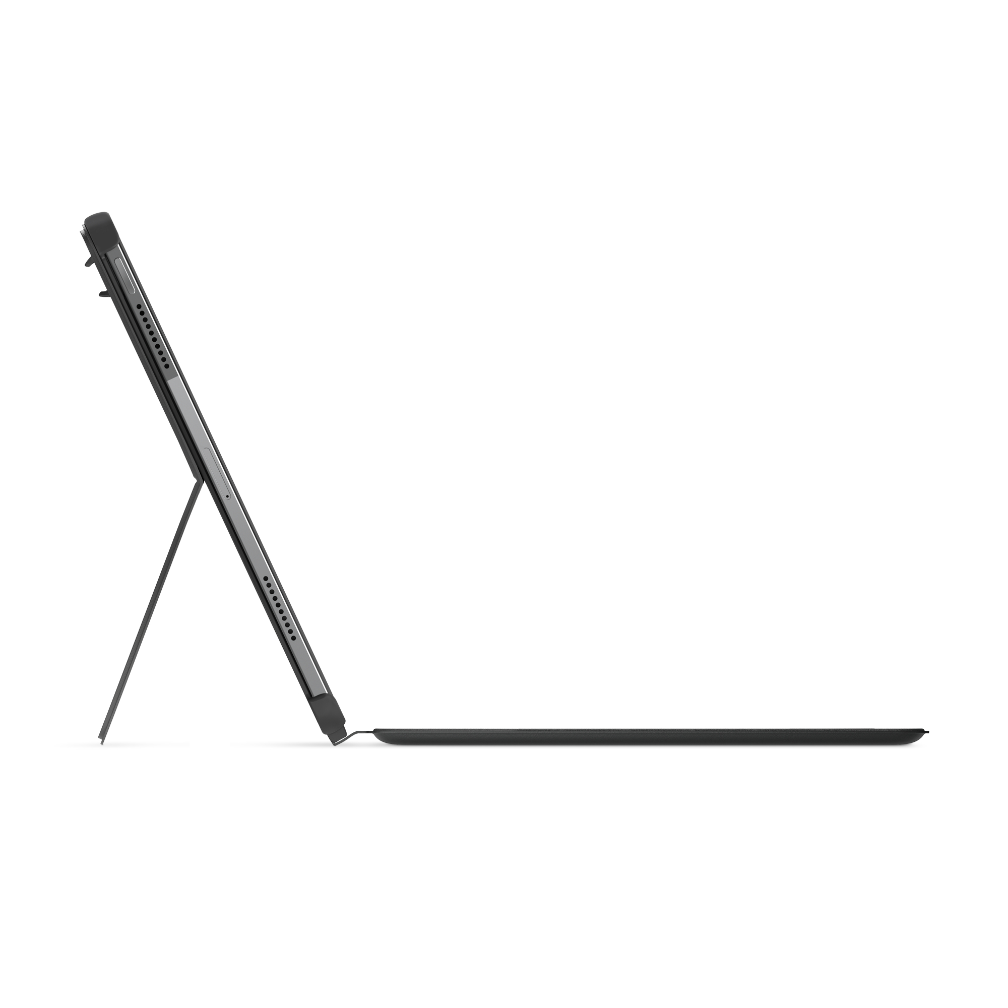 Tablet mit angeschlossener Tastatur. Der Bildschirm ist schwarz. Der Ständer hält den Bildschirm aufrecht.