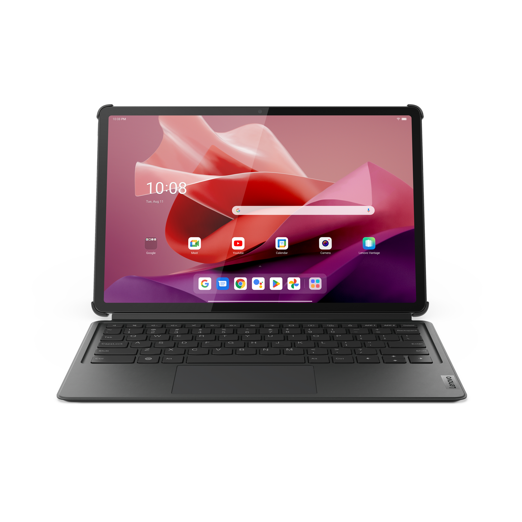 Schwarzes Tablet mit Tastatur, Bildschirm an, Symbole zeigend, rosa und roter Farbverlaufshintergrund.