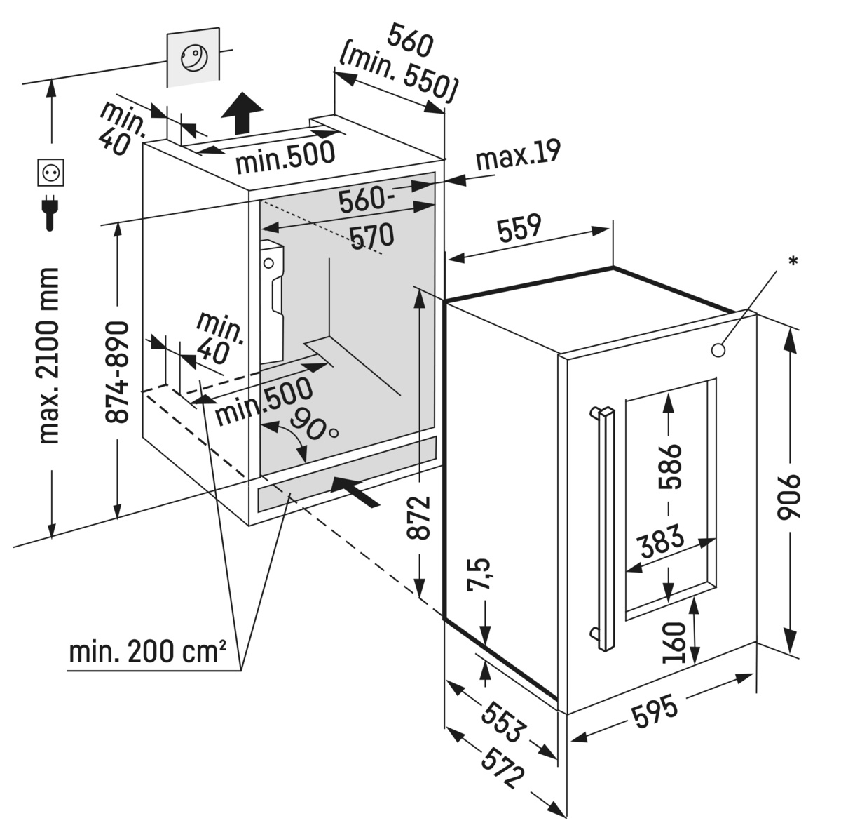 Egy beépített hűtőszekrény vázlatos diagramja.