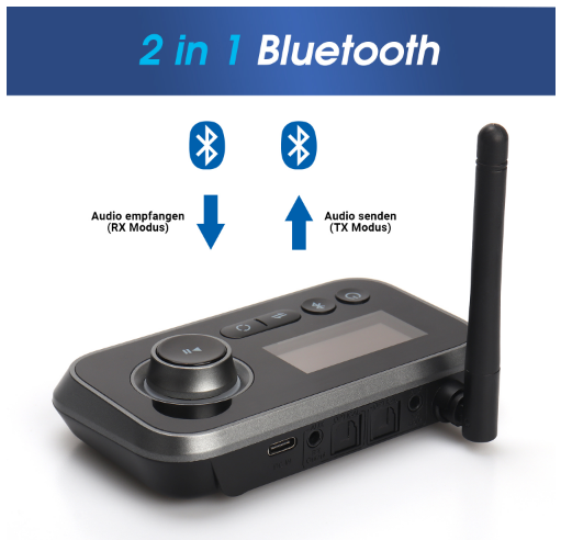 Bluetooth-Audioempfänger mit Antenne. Zeigt RX- und TX-Modi mit Pfeilen. Schwarzes und silbernes Design.