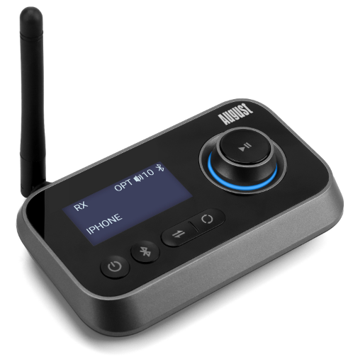 Schwarzer und grauer August Bluetooth-Empfänger, mit Antenne.