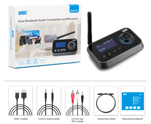 August MR260B Bluetooth Audio-Sender und -Empfänger mit Zubehör: Kabel und Handbuch.