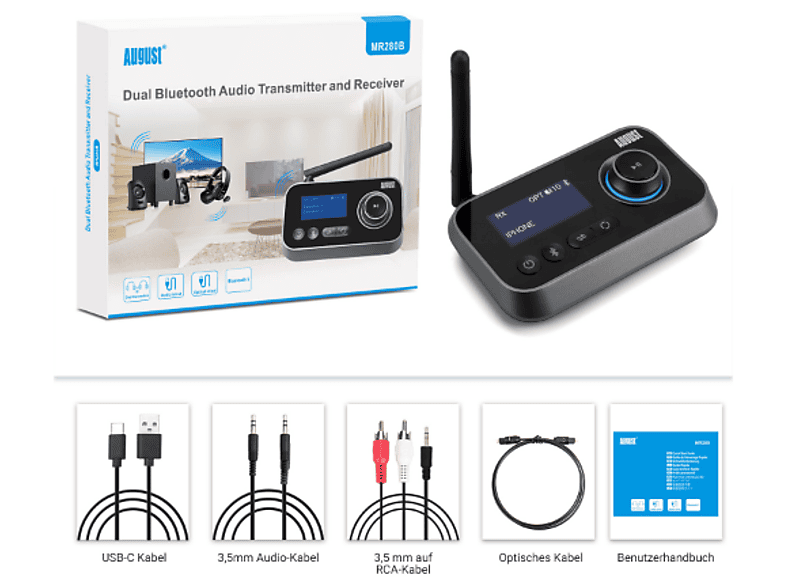 AUGUST MR280B Bluetooth 5.0 Audio Sender Empfänger 2 in 1; Bluetooth Sender und Empfänger — Foto 3 von 3