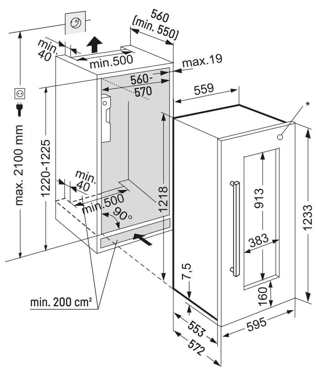 Egy konyhai készülék diagramja, amely méréseket és belső alkatrészeket mutat.