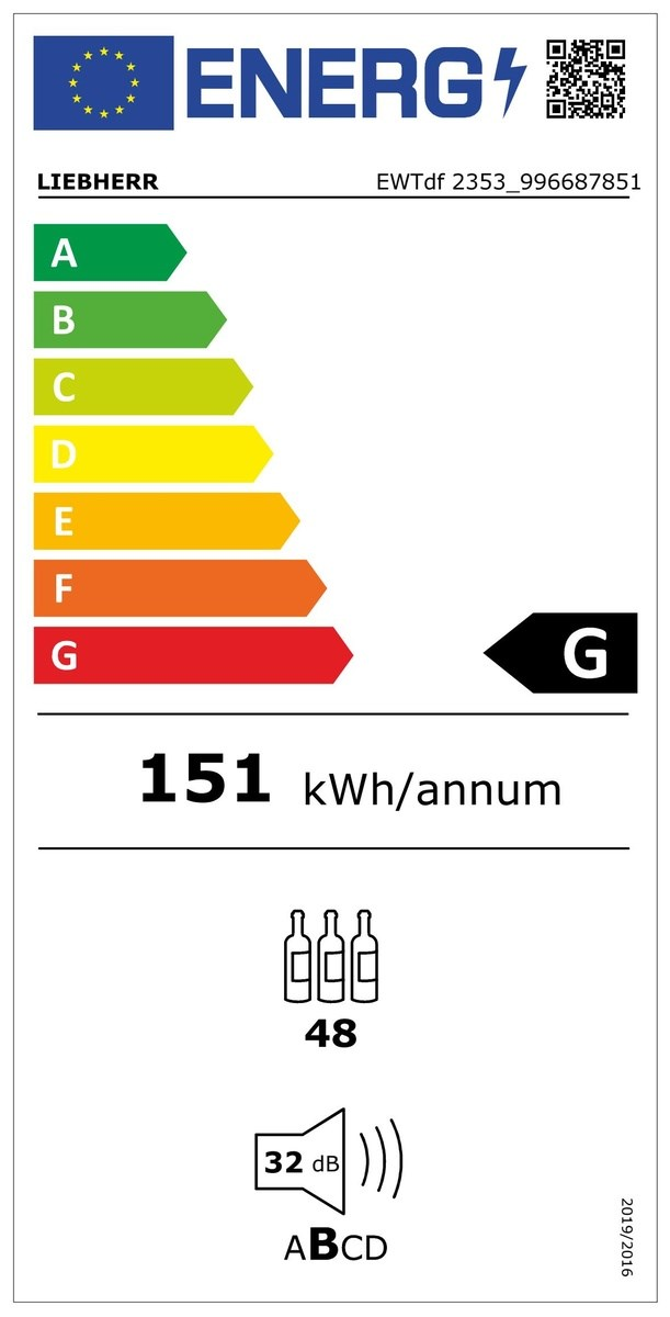 Hűtőszekrény energia címke A-G besorolással, Liebherr márka, 151 kWh/év, G besorolás.